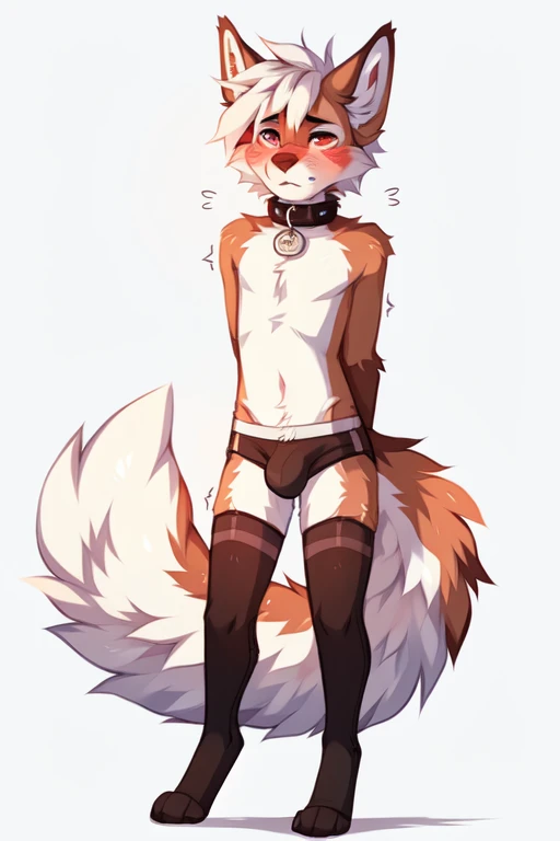 full body，No background, white background, ((by keihound, by reysi)), by Zackary911, by hyattlen, by fumiko, by fluff-kevlar, Furry, Anthro, ((cum)), ((loose collar)), (()), ((twink)), ((small)), ((bored eyes)), ((annoyed expression)), ((blushing)), ((shaking motion line)), full body, short white hair, ((fluffy tail)), ((shirtless，bulge, stockings)), 