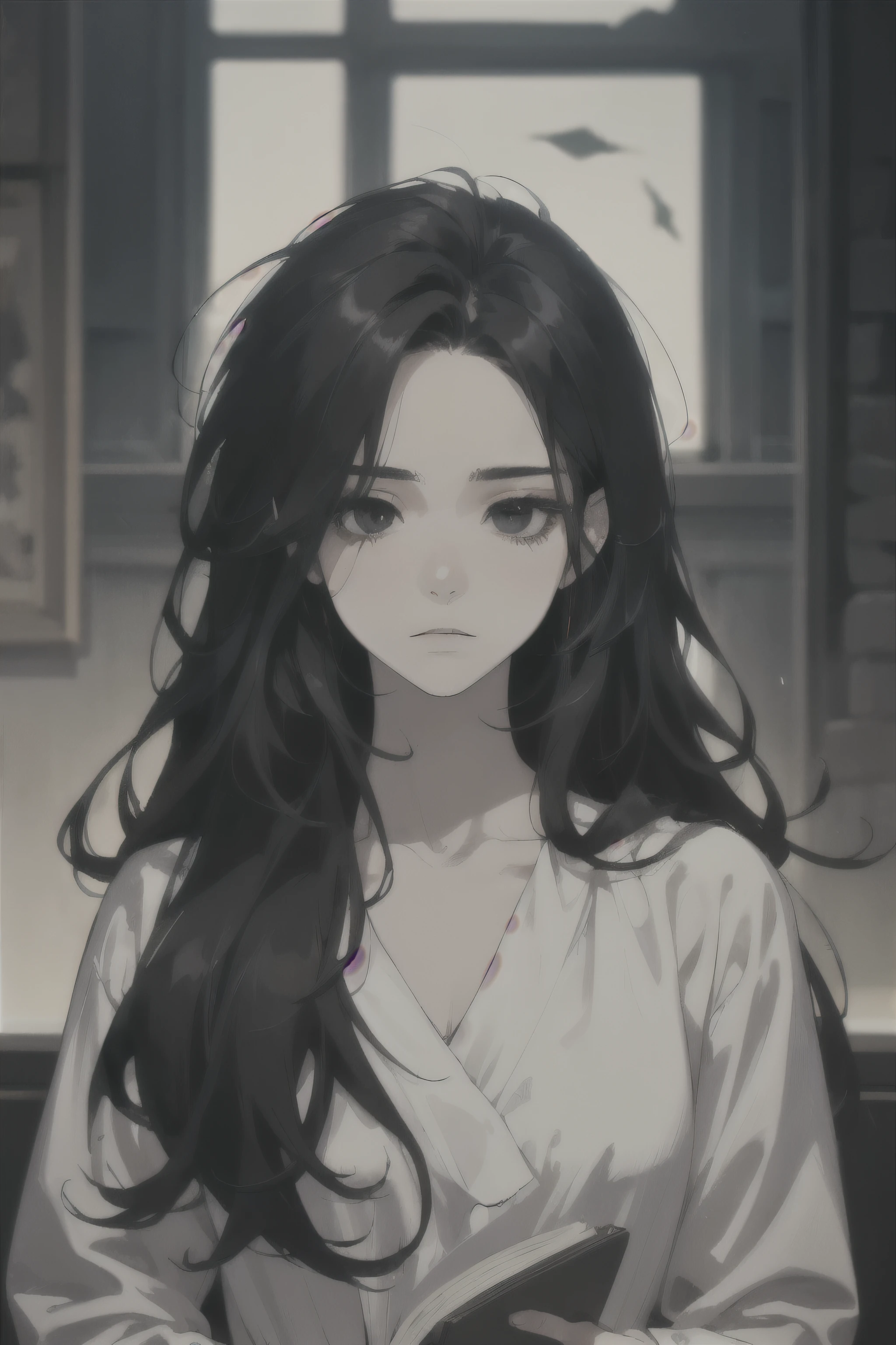 midjourney, ((best quality)), ((masterpiece)), (detailed), perfect face, 1female, beautiful male, young, 18 years. old, ((black hair, messy long hair)), ((black eyes)), depth of field, pale white skin, white dress, dark circles under eyes, tired expression, vivid colors,  [[[reading]]]