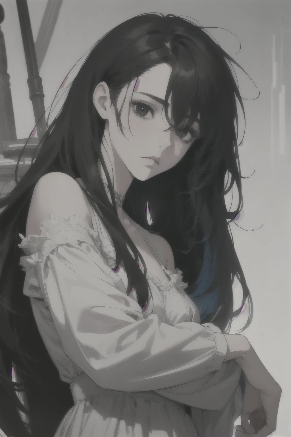 midjourney, ((best quality)), ((masterpiece)), (detailed), perfect face, 1female, beautiful male, young, 18 years. old, ((black hair, messy long hair)), ((black eyes)), depth of field, pale white skin, white dress, dark circles under eyes, tired expression, vivid colors,  [[[reading]]]