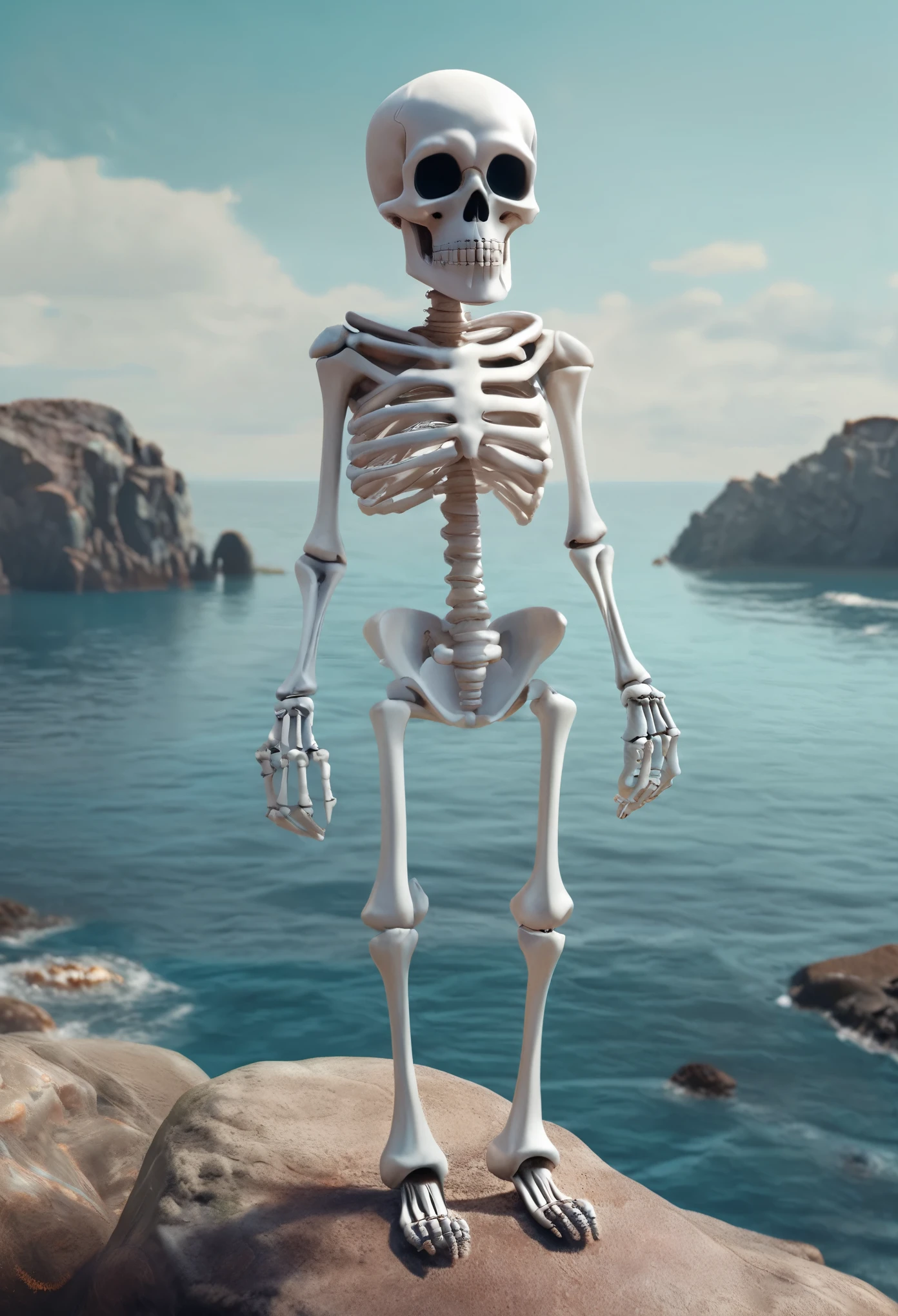 Full body cartoon skeleton standing in front of sea background, Written by Trevor Brown,
zbrush central contest winner, Beautiful white small alien skeleton, hyper realism,
Sugar skull, 3D still image design, Realism by Beeple, with a large head and big eyes,
Toy art by Alex Yanez, very detailed and realistic, 16k