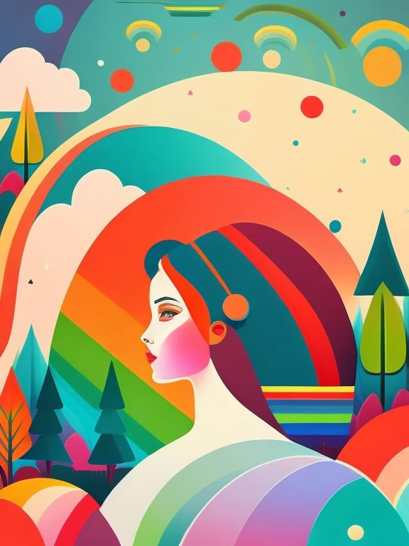 art illustration，rainbow，portrait，trees，rich and colorful, rainbow, small , Contrasting colors, in the spring landscape, icon design, Rozmin trip, vector art, (1 girl), alone，Abstract surreal colors, popular geometric surrealism, rainbow色的梦想