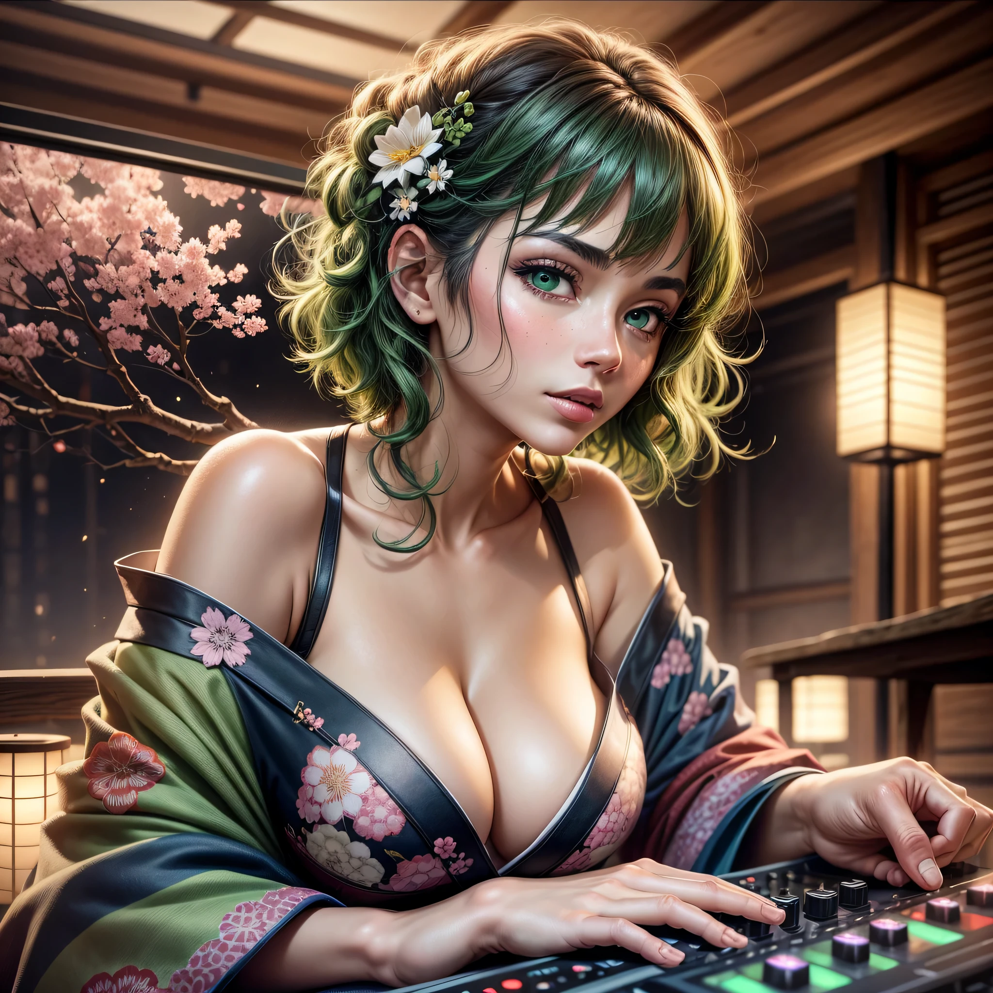 (Latina woman, Latina), (green hair with a fringe, short hair, curly hair) , (Beautiful green eyes) , (small boobs) , (little nipple with rounded end) , Official art, Unified 8k wallpaper, Super detailed, beautiful, masterpiece, best quality, original, masterpiece, super fine photo, best quality, realistic realism, warm sunset light, amazing beauty, dynamic pose, delicate face, vibrant eyes, ((kimono)), in a Japanese onsen with sakura trees, detailed complex busy background, gorgeous, milky white, wet skin, highly detailed skin, realistic skin details, visible pores, clear focus, volumetric fog, 8k uhd, DSLR, high quality, film grain, fair skin, photo realism, lomography, translucent, playing DJ, DJ set, DJ booth, Mixing Console, Highest quality, Skin texture, Intricate details, galaxy background, universe background, planets in background, starry