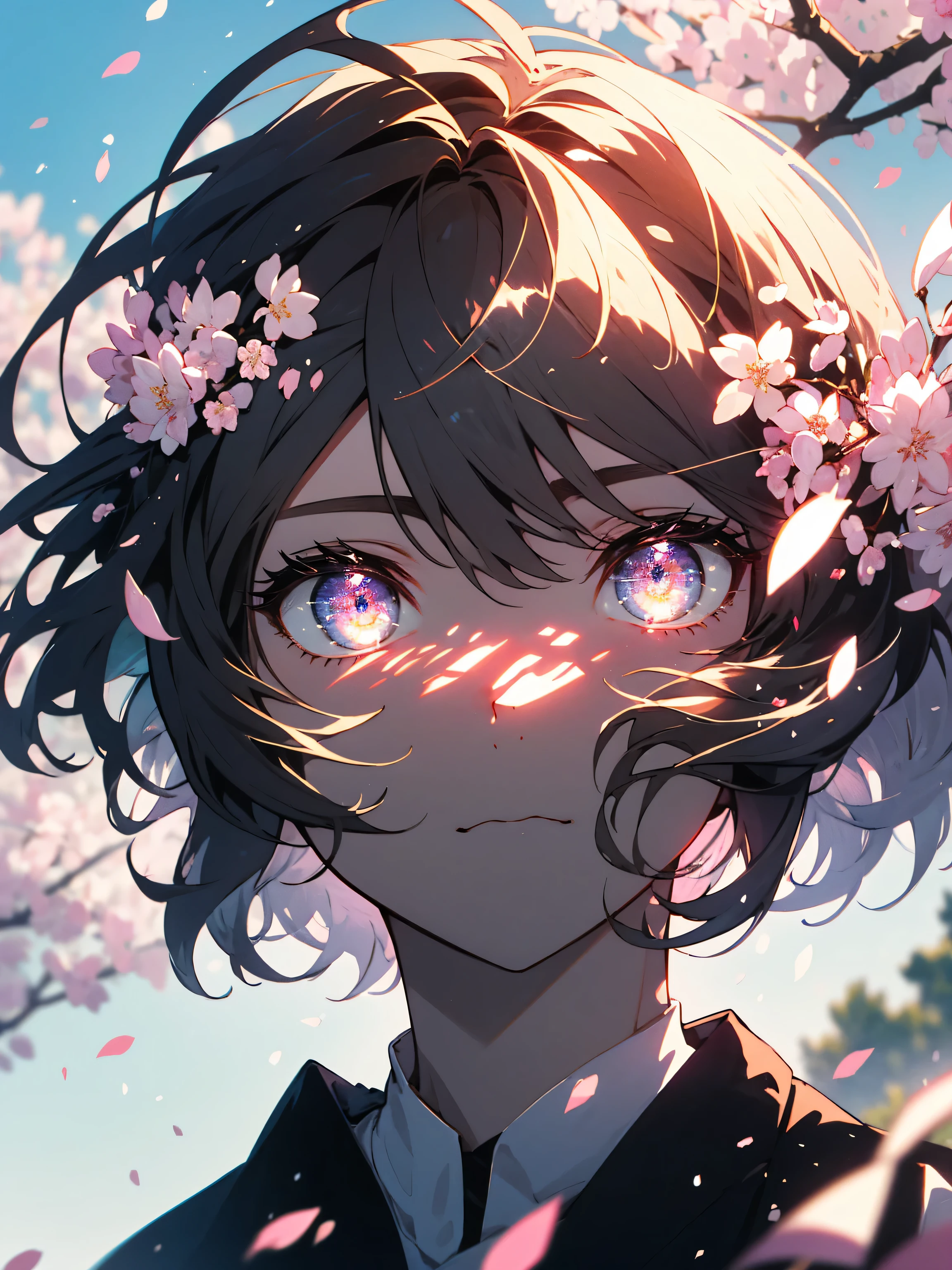 (top quality, masterpiece, high resolution, detailed), (shining eyes, detailed beautiful face), beautiful animation,1girl, short hair, ahoge, brown hair, purple eyes,short pants ,blue sky, cherry blossoms, cherry blossom petals are scattered