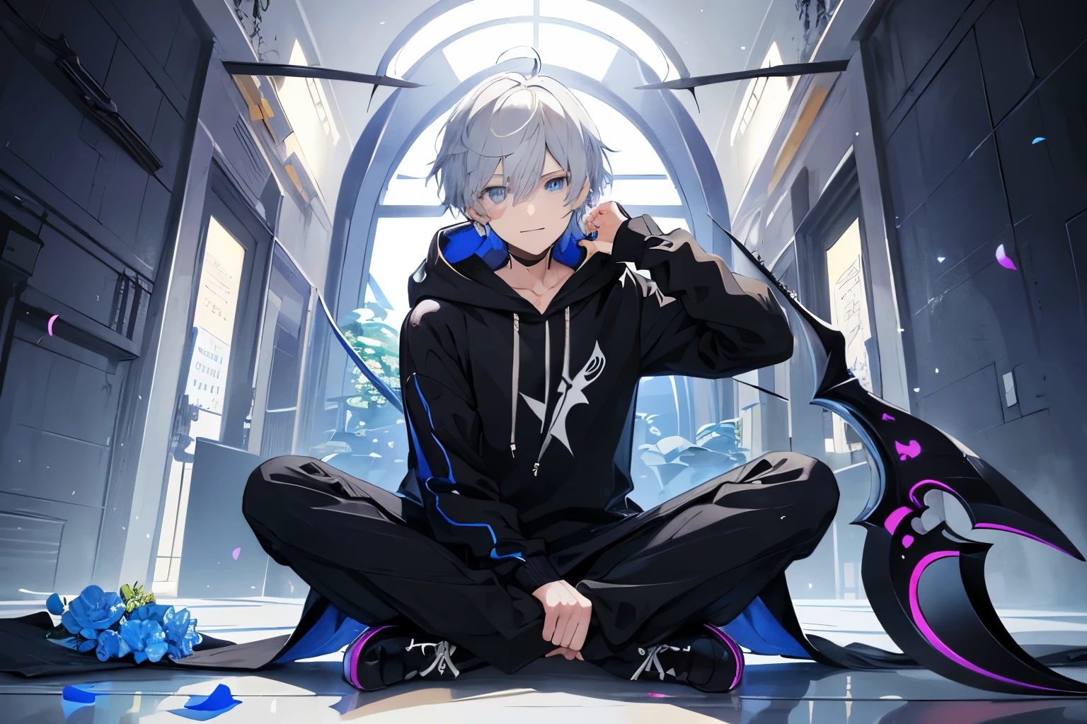 1 person, Handsome guy, alone,Grey-haired man, ((table top,highest quality)), detailed and beautiful eyes, beautiful and detailed face、dark blue eyes、short hair、Cool、Handsome guy、cheerful boy、nice System、soothing、best smile、cool smile、bright boy、Cheerful character、have a bouquet、flower garden、petals fall、nice、fantasy、High quality、great design、Cool、Handsome guy、put a blue sun visor on your head、black hoodie、black long pants、cool pose、has a devilish scythe、big sickle、Hold the scythe in style、sit down on the floor、One hand ruffles her hair、One hand holds a sickle、Cool way to sit