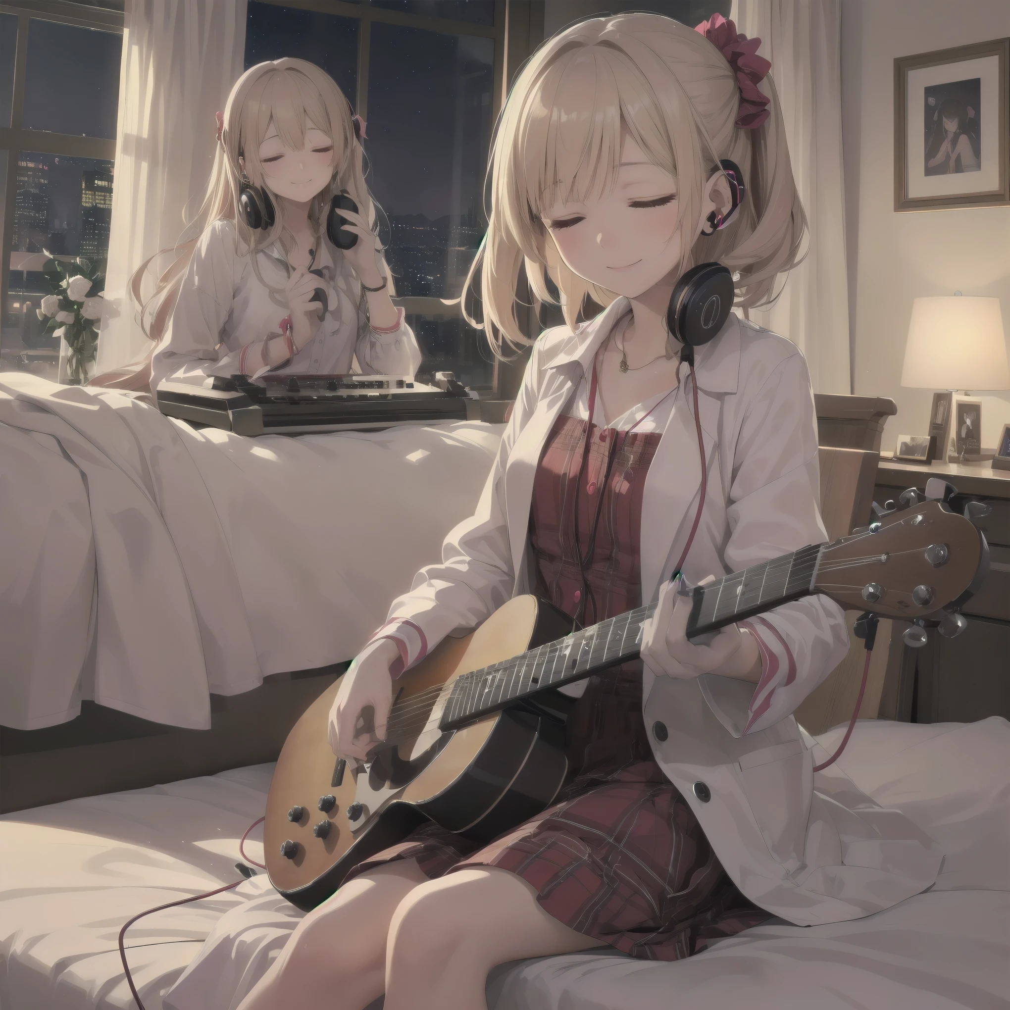 A night of music: she put on her earphones and closed her eyes. Her room was filled with beautiful melodies and she was completely absorbed in the music. 'Nothing could be more comforting', she couldn't help but smile.