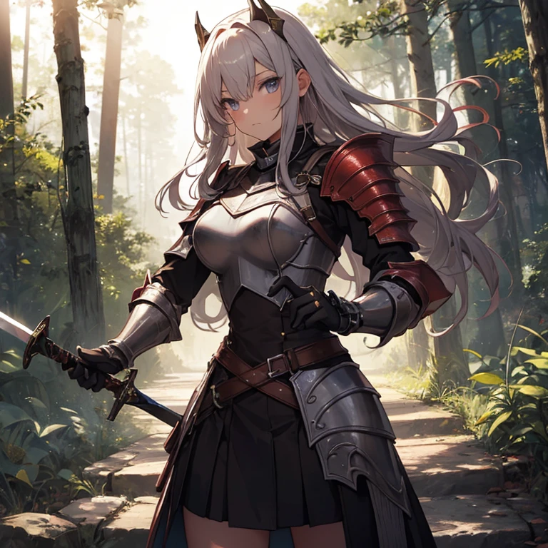 A group of  female knight, (in forest), various hair styles, harem, wearing armored clothes, metal armor, night, details face, , short skirt, seducing, sword 