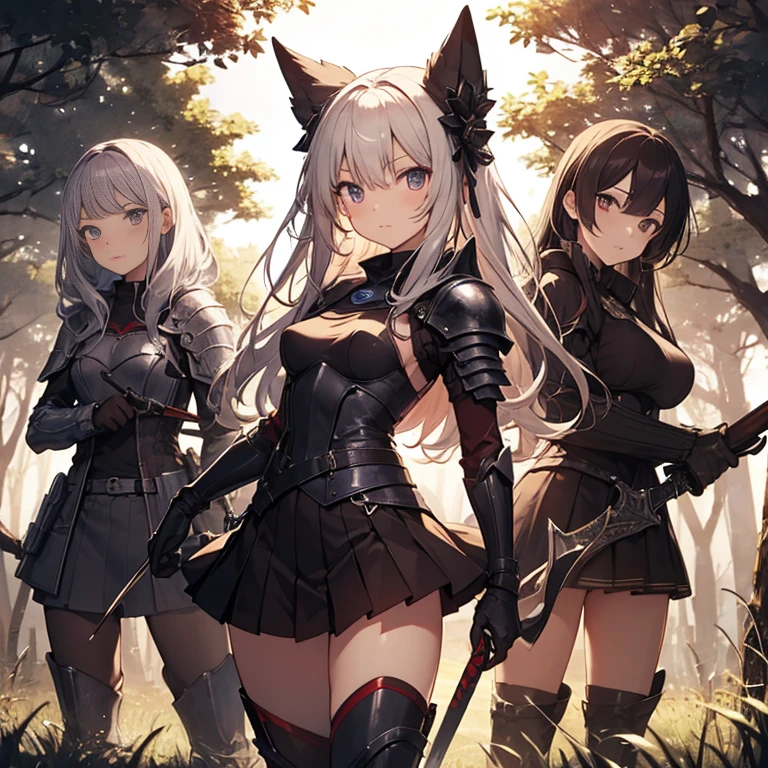 A group of female knight, (in forest), various hair styles, harem, wearing armored clothes, metal armor, night, details face, , short skirt, seducing, sword