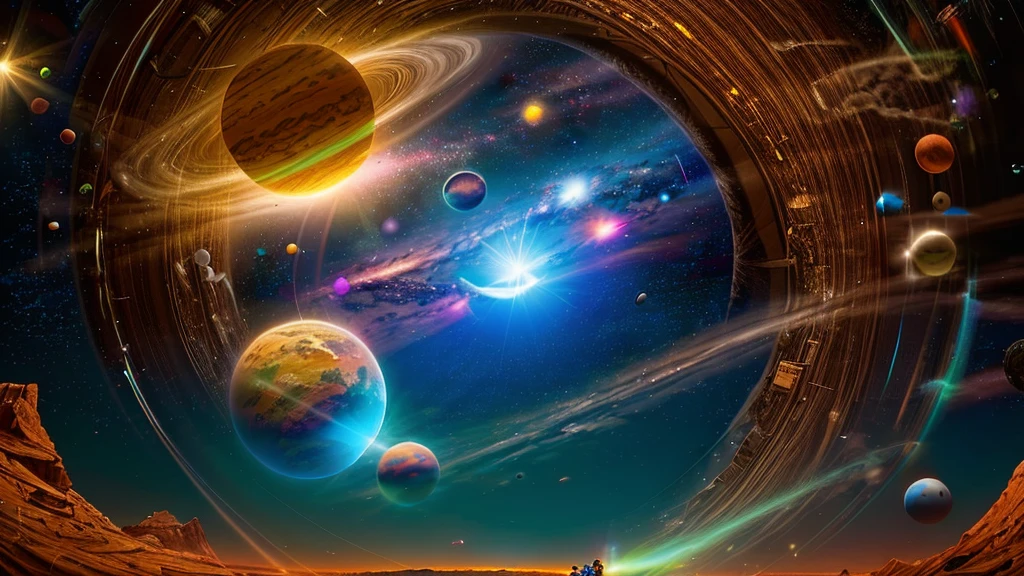 A man stands in the middle of a desert with a planet in the background, planet behind, space art, Standing in the solar system, Beeple masterpiece, In the universe, Another universe, surreal space, Beeple and tim hildebrandt, space, in space, Beeple!!, by Beeple, infinite universe in the background