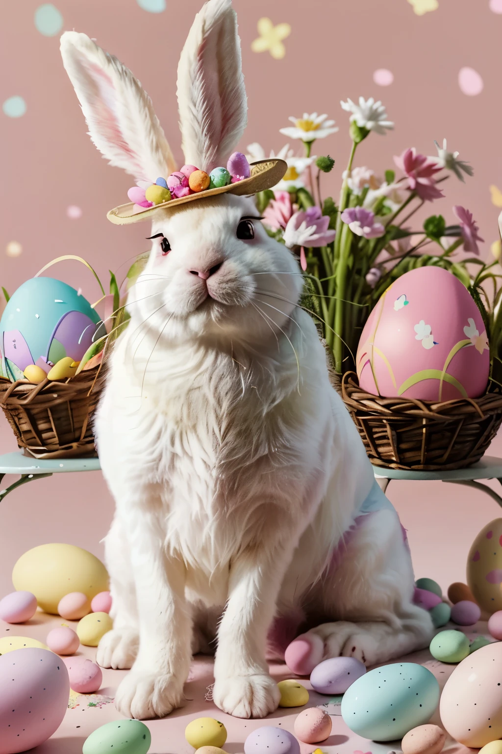 A lively cartoon representation of the Easter Bunny, surrounded by a delightful scene of several colorful Easter eggs scattered around him, adding a delightful pop of pastel hues to the image, Easter Bonnet adorned, sparkling eyes filled with joy, and a warm, inviting Easter atmosphere in ultra high definition, 8K.