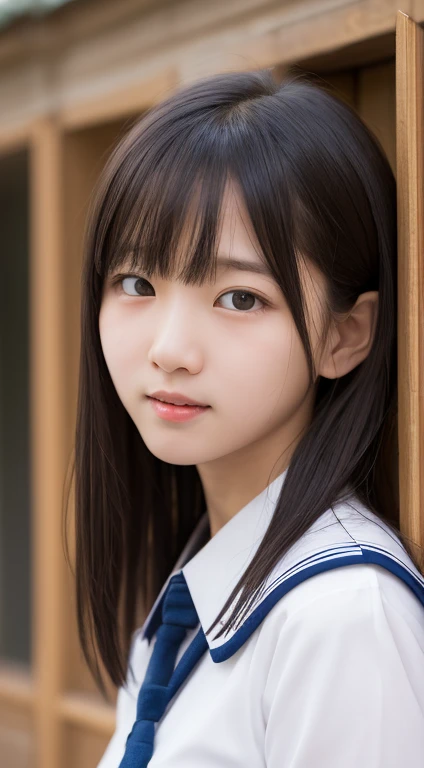 masutepiece, Best Quality, 8K, 10yaers old, , Raw photo, absurderes, award winning portrait, Smile, Solo, Idol face, Delicate girl, Upper body, Digital SLR, Looking at Viewer, Candid, Sophisticated, Thin arms, Professional Lighting, Film grain, chromatic abberation, (Eyes and faces with detailed:1.0), (Bokeh:1.1) , Distant view Abandoned house , closes mouth , Sailor Uniform , A dark-haired , tiny chest