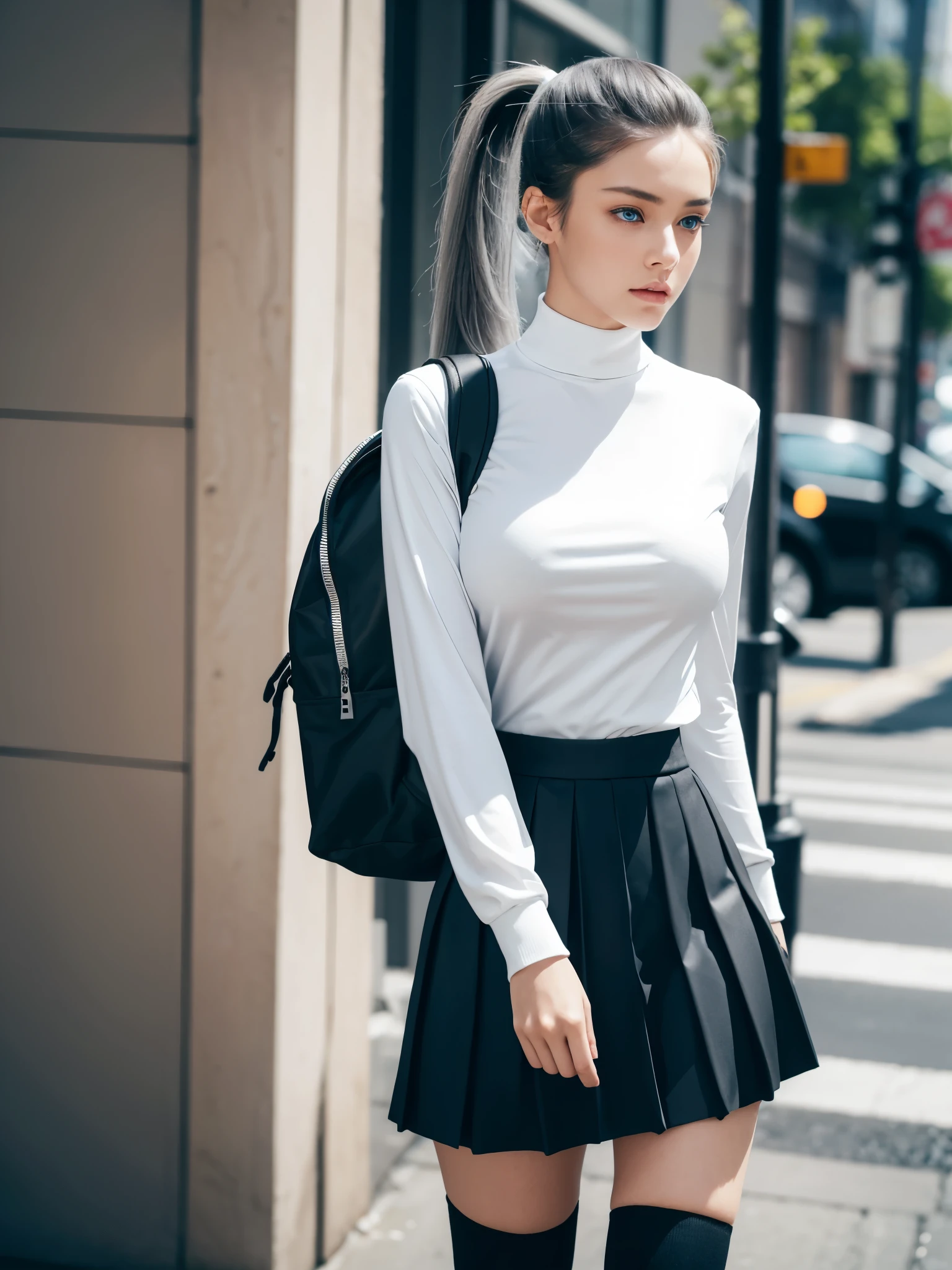 (Realistic, ultra detailed, beautiful, best quality:1.2), 1 girl, solo shot, //Composition
A high school girl in a sleek black and white uniform walks confidently down a bustling city street, her backpack slung over one shoulder,
//Attire
She wears a crisp white blouse tucked neatly into a pleated black skirt, knee-high socks, and polished black loafers,
//Model
With her striking blue eyes and sleek ash-gray hair pulled back into a ponytail, she exudes an air of determination and intelligence, captivating the viewer with her gaze