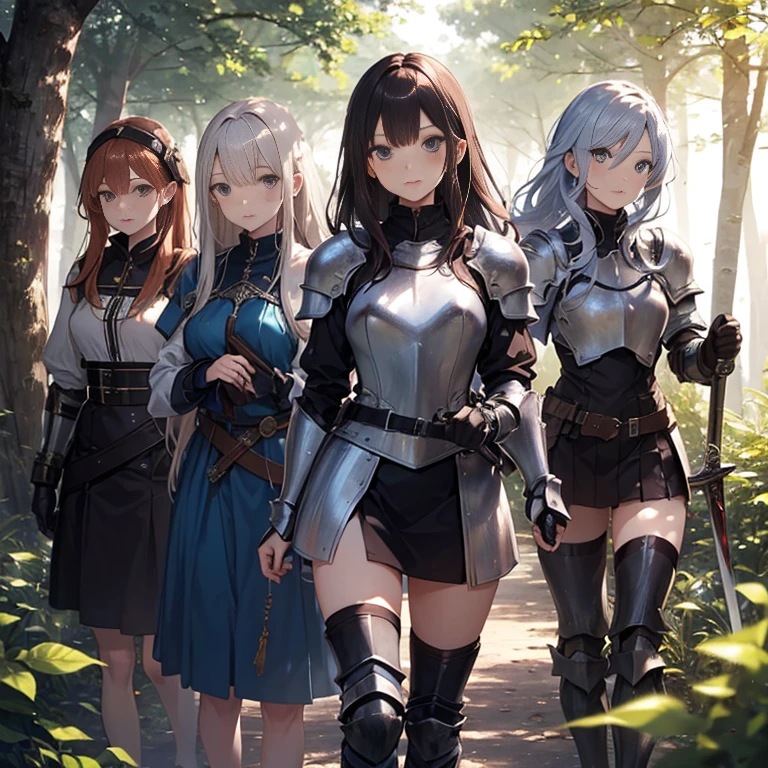 A group of female knight, (in forest), various hair styles, harem, wearing armored clothes, metal armor, night, details face, , short skirt, seducing, sword