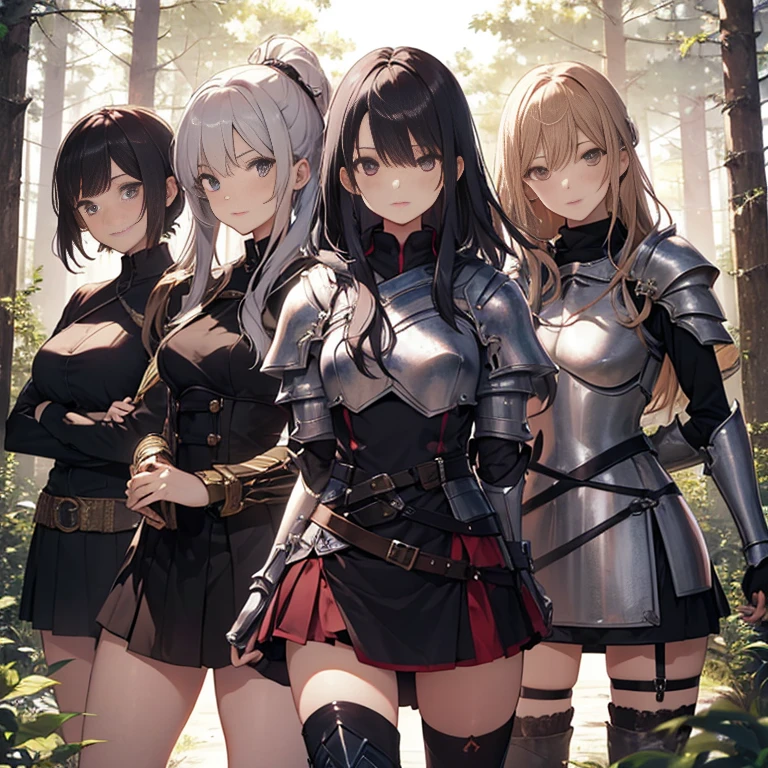 A group of  female knight, (in forest), various hair styles, harem, wearing armored clothes, metal armor, night, details face, , short skirt, seducing, sword 