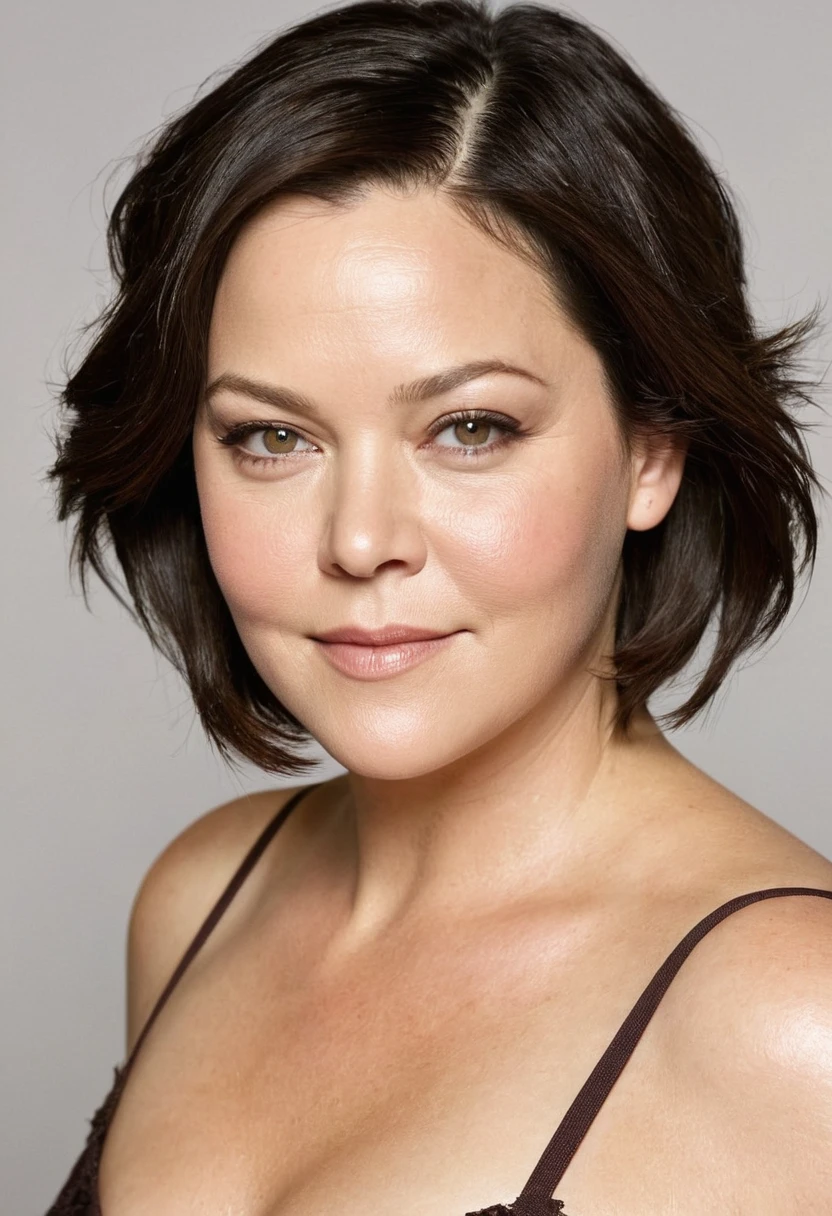 portrait of Face, nude woman, 30 year old, short brown hair parted on side, 25% Meg Tilly 25% Amy Schumer, 25%, Liv Tyler, 25% Jenny Agutter, neutral background