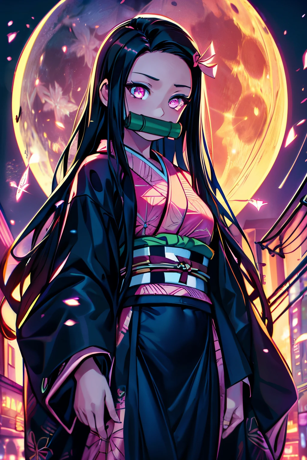 masterpiece, (pink kimono), seductive face, good lighting, low-cut, fine details, masterpiece, glowing eyes, 1girl, black hair, gag, Nezuko Kamado, old twon,night time,moon,masterpiece, best quality, POV, whole body, wide hips,