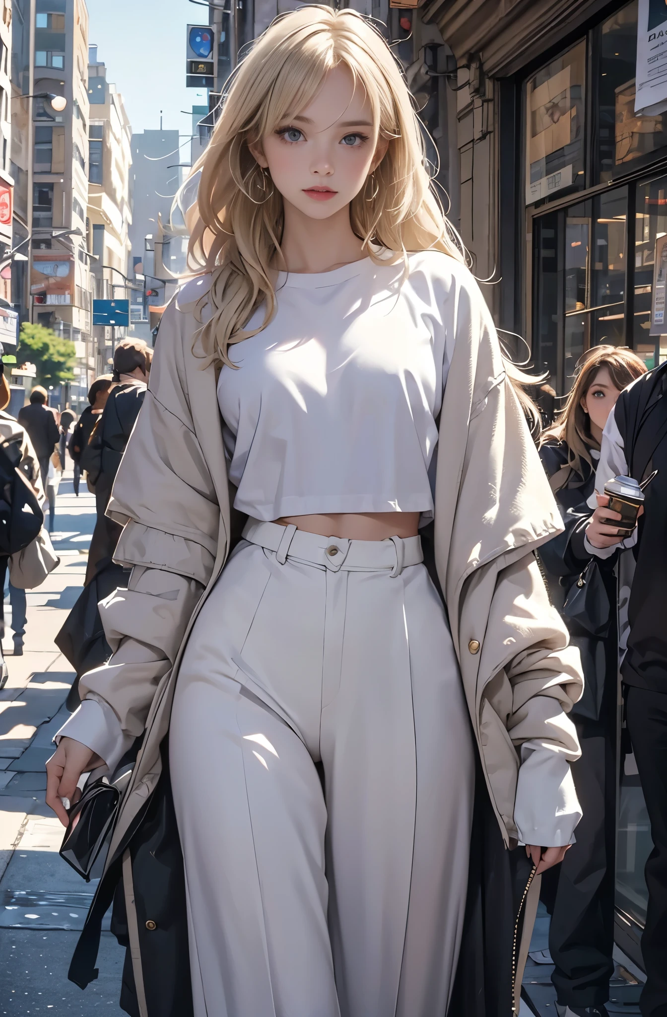 Photo of a beautiful blonde caucasian woman standing on a street corner, Perfect model body shape, Stylish pants style, colorful purple shirt, sunglasses, very stylish, with influence of Jeremy Mann, Jeremy Mann, style of Jeremy Mann, Jeremy Mann painting, Jeremy Mann art, Ron Hicks, Liepke, Jeremy Mann and alphonse mucha, Works that influenced Edmund Blampid, robert lenkiewicz, Casey Baugh and James Jean, Works that influenced Willem Kalf, Nick Alm, tumbler, figurative art, intense watercolor, watercolor detailed art,Beautiful and expressive paintings, Beautiful artwork illustration, wonderful, cool beauty, masterpiece, highest quality, official art, perfect composition, perfect angle, best shot, The perfect subject, women only, sharp outline, romantic, Moody, very beautiful and detailed eyes, beautiful and delicate eyes, ideal animation, sentimental, 25th street new york, close
