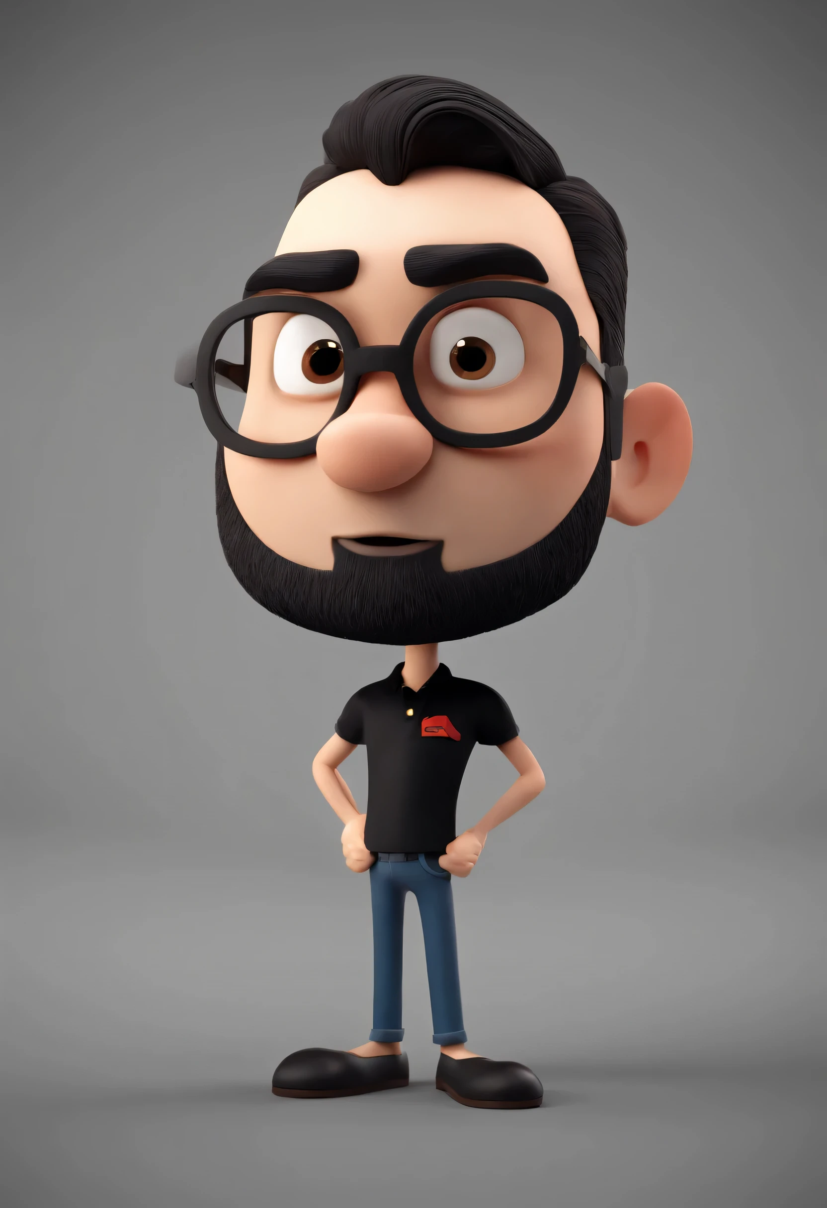 Cartoon character لرجل يرتدي نظارات سوداء وقميص بولو أسود, Styled hair, With an old school beard and tattoo on his arm, Cartoon character, Stylized character, Cartoon style rendering, 3D miniature, Introducing Arnold Maya, Stylized 3D rendering, Toon introduction shot, 3D character, 3D character, Stylized 3D rendering, 3D character rendering, Cartoon character, Close-up character, Personality posture, (pixar style) (The main part:1.2) (sad) (Best quality) (Detailed skin) (Detailed texture) (8k) (Pottery) (Cinema lighting) (Intense focus