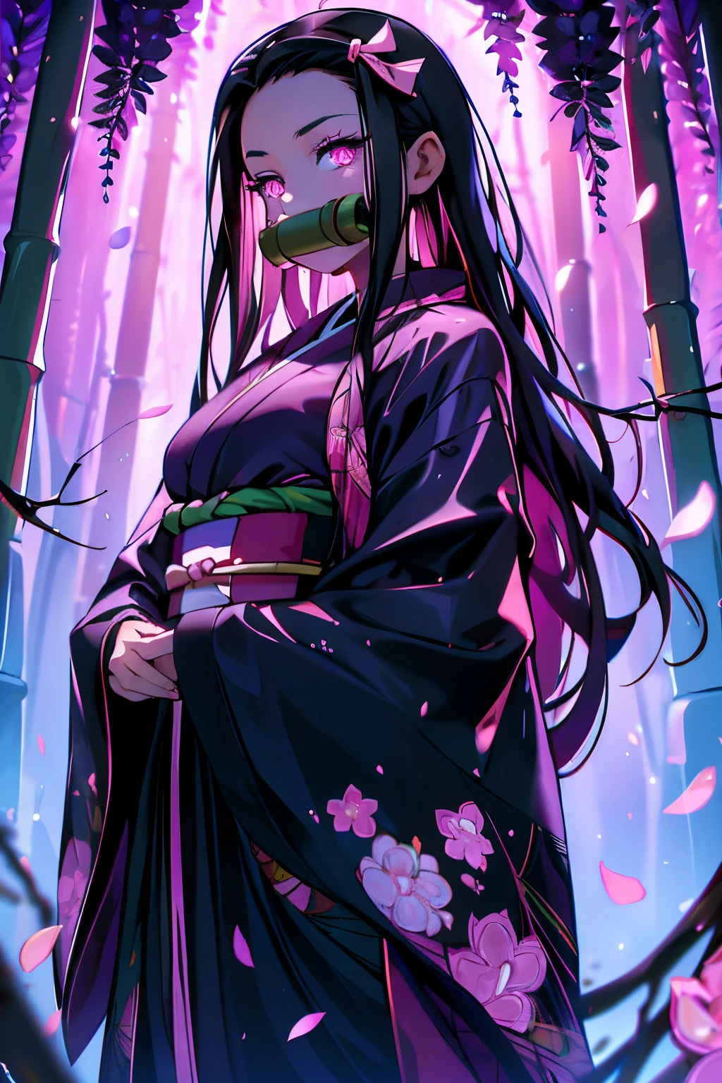 masterpiece, (pink kimono), seductive face, good lighting, low-cut, fine details, masterpiece, glowing eyes, 1girl, black hair, gag, bamboo, Nezuko Kamado, wisteria background, masterpiece, best quality, POV, whole body, wide hips,