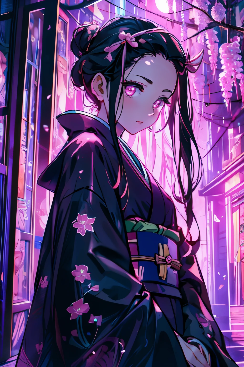 masterpiece, (pink kimono), seductive face, good lighting, low-cut, fine details, masterpiece, glowing eyes, 1girl, black hair, gag, bamboo, Nezuko Kamado, wisteria background, masterpiece, best quality, POV,old town,night time moon, sitting, wide hips,