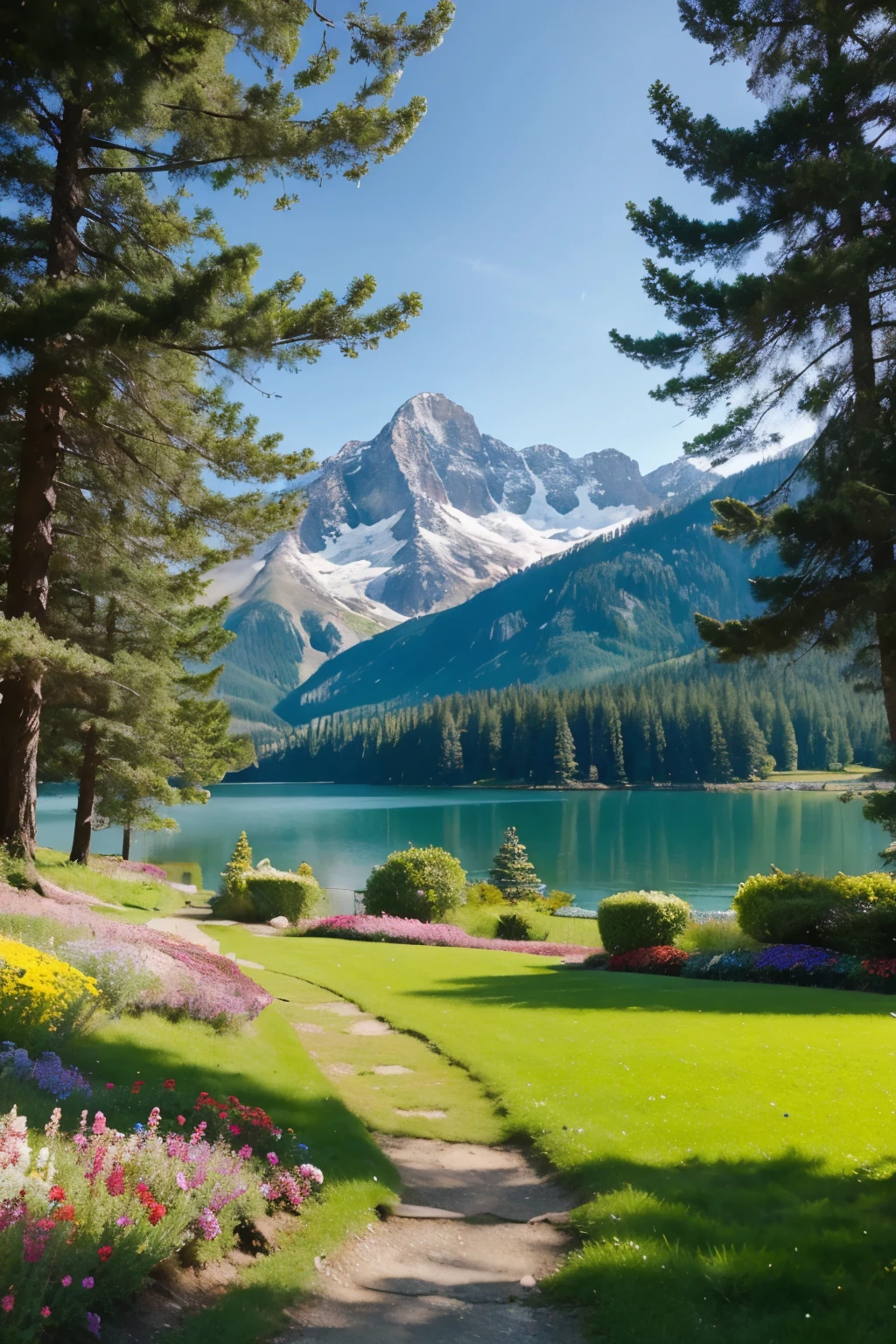 a path on green pasture of colorful flowers beside the lake , beneath the conifer trees fluttering and dancing in the breeze, snowy mountain background