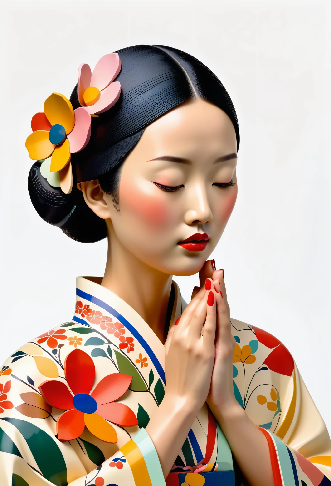 A colorful wood carving of an Asian woman with her hands on face, wearing a floral dress, white background, in the style of John Klassen. EArrangei and Morandi colors, organic shapes, geometric patterns, in the style of Uemura Shoen. Drops of paint on a wooden figure in the style of Matisse. In the style of cubism, art deco, pop surrealistic figures, folk inspired illustrations, pastel color palette, bright white background, no shadows.