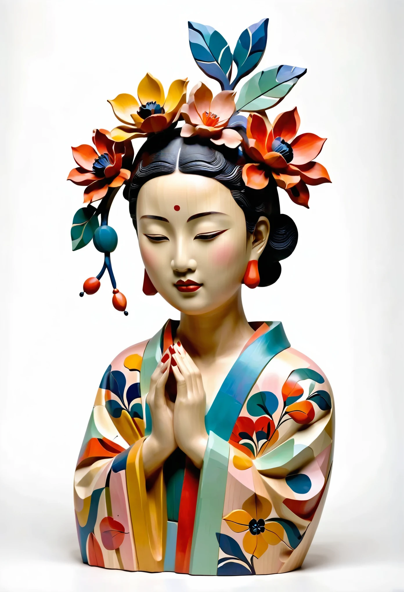 A colorful wood carving of an Asian woman with her hands on face, wearing a floral dress, white background, in the style of John Klassen. EArrangei and Morandi colors, organic shapes, geometric patterns, in the style of Uemura Shoen. Drops of paint on a wooden figure in the style of Matisse. In the style of cubism, art deco, pop surrealistic figures, folk inspired illustrations, pastel color palette, bright white background, no shadows.