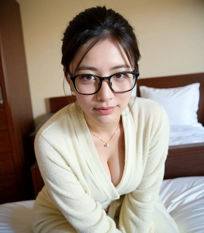 ((最high quality、8K、masterpiece、portrait:1.3)), hair, fine eyes, Single-lens reflex camera, high quality, beautiful japanese woman, 38 years old, Glasses, plump body, big breasts、cleavage,黒く長いhair, The morning sun shines in, 20th floor hotel suite,dim room, king size luxury bed,comfortable sleep,white sheets,fluffy pillow,Take a sexy and bold pose on the bed,bathrobe、barefoot、wedding ring, rat trail section、embarrassed look, Taken at the best angle