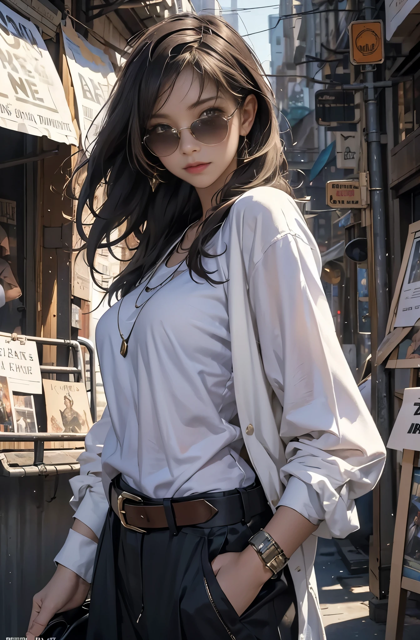 Arafed woman in white shirt and black pants standing on a city street ...