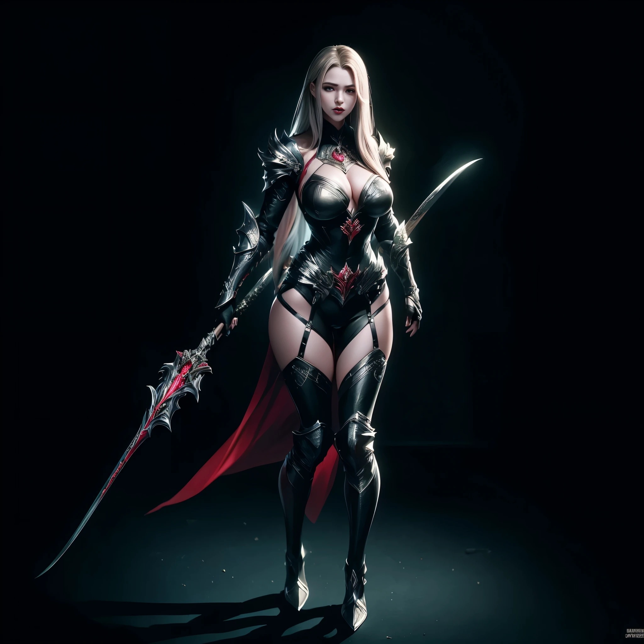 imagem arafed de uma mulher com uma espada e armadura, sanguey + arte conceitual, sangue knight, mulher vampira guerreira, sangue; dark cinematic lighting, diablo 4 rainha, portrait of a sangueborne hunter, sangue red armor, personagem principal feminina, male vampire of the banu hakim clan, design de personagens de fantasia sombria, armadura de cor preta e avermelhada, ([long hair hair]:1.8), (full body:1.8), (full-body standing image:1.8), (Beautiful Detailed Eyes), ,cross-eyed,sketches, (Cameltoe), (Expression of ecstasy:1.2), (Incredibly beautiful nature background:1.6), (18 years old:1.5), (Sexy and glamorous:1.1), (A coquettish expression:1.6), (seductively sad:1.6)