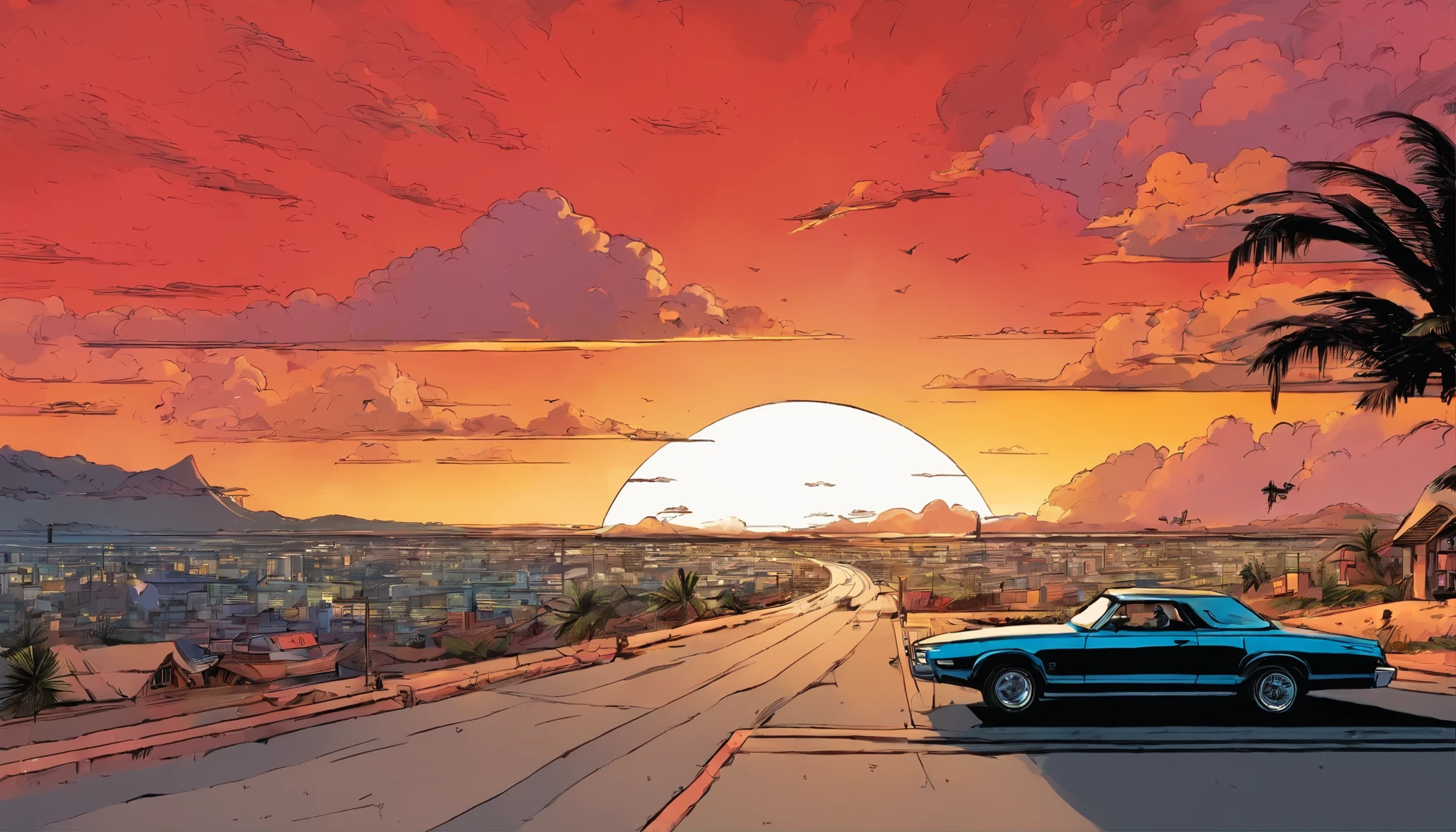 spaceship、Katsuhiro Otomo's painting style、Desolate Star、Red burnt sky、A woman driving a speeding black convertible car,panorama