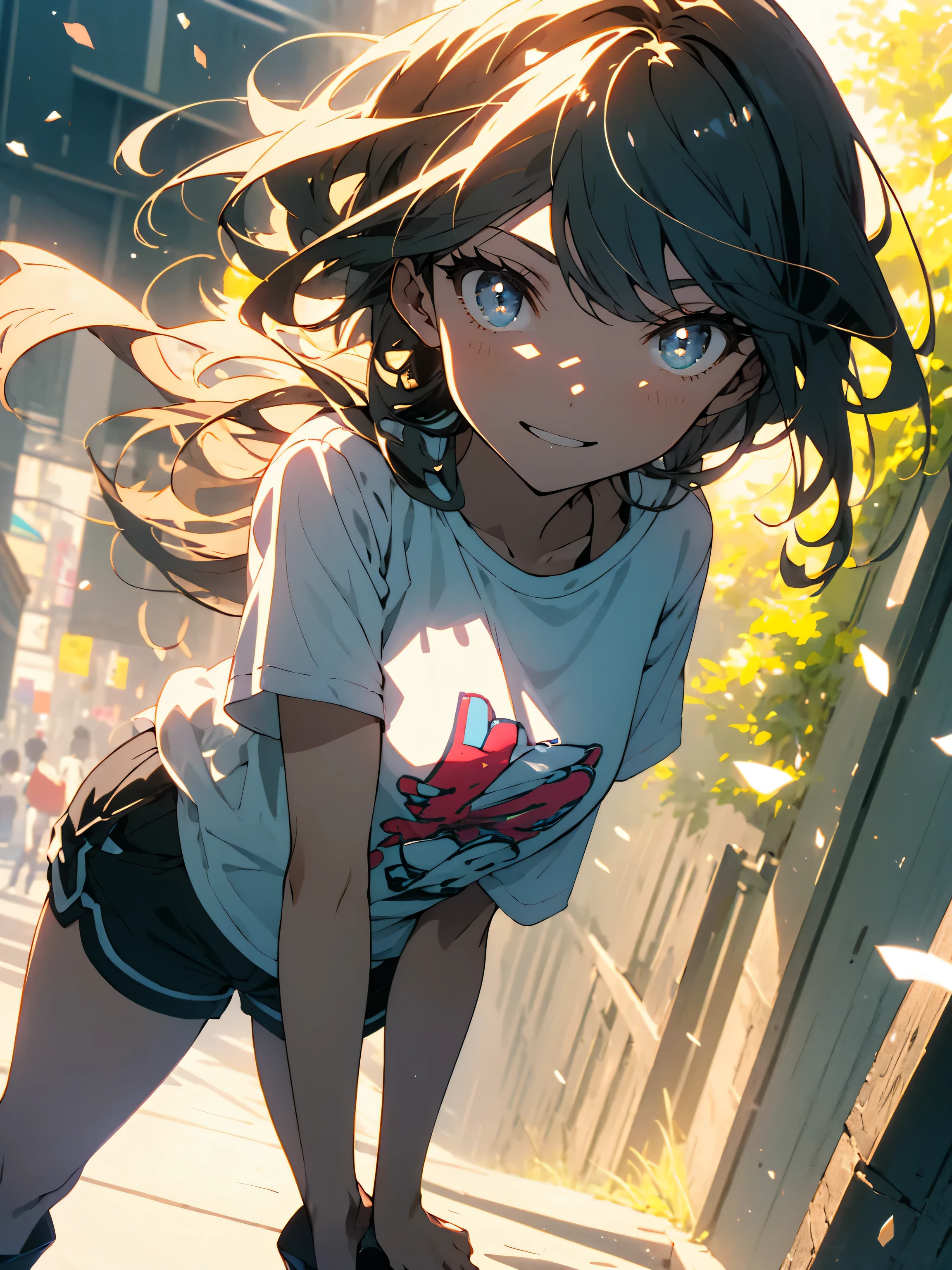 (highest quality、masterpiece、High resolution、detailed)、(Shining eyes、detailed beautiful face)、1 girl、(T-shirt,shorts),smile,short boots,suburbs、slope background、beautiful anime