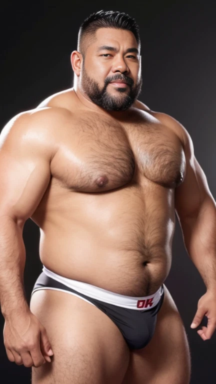 black hair, middle-aged man, individual, male, Muscular wrestler, muscular, Stout wrestler, Asian, Japanese, uncle, 55 year old middle-aged man, short hair, short hair, white wrestling boots, full body portrait, shadow, Vision, white briefs, obesity, 45 years old, short beard, middle-aged man, tattoo, fingerless gloves, Wheat skin, shiny skin, dark skin, Show your pectoral muscles, sumo wrestler, bodybuilder, wide temples, Visible abdominal muscles, Smile, Fine hands, solid color background, pure white background, Surrealism, Panorama, 8k, super detail,