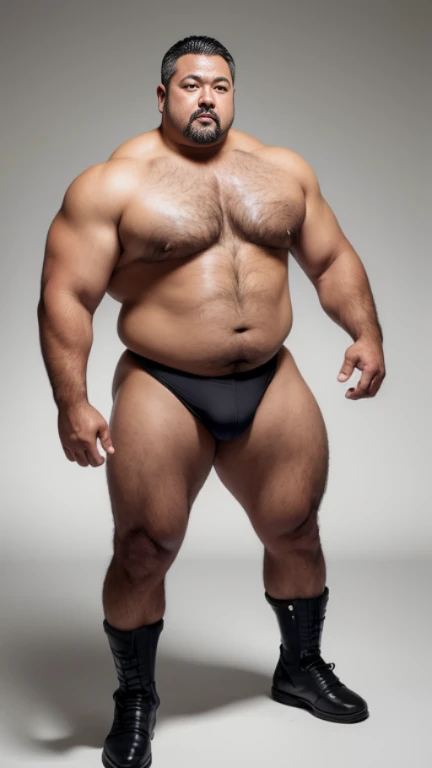 black hair, middle-aged man, individual, male, Muscular wrestler, muscular, Stout wrestler, Asian, Japanese, uncle, 55 year old middle-aged man, short hair, short hair, white wrestling boots, full body portrait, shadow, Vision, white briefs, obesity, 45 years old, short beard, middle-aged man, tattoo, fingerless gloves, Wheat skin, shiny skin, dark skin, Show your pectoral muscles, sumo wrestler, bodybuilder, wide temples, Visible abdominal muscles, Smile, Fine hands, solid color background, pure white background, Surrealism, Panorama, 8k, super detail，