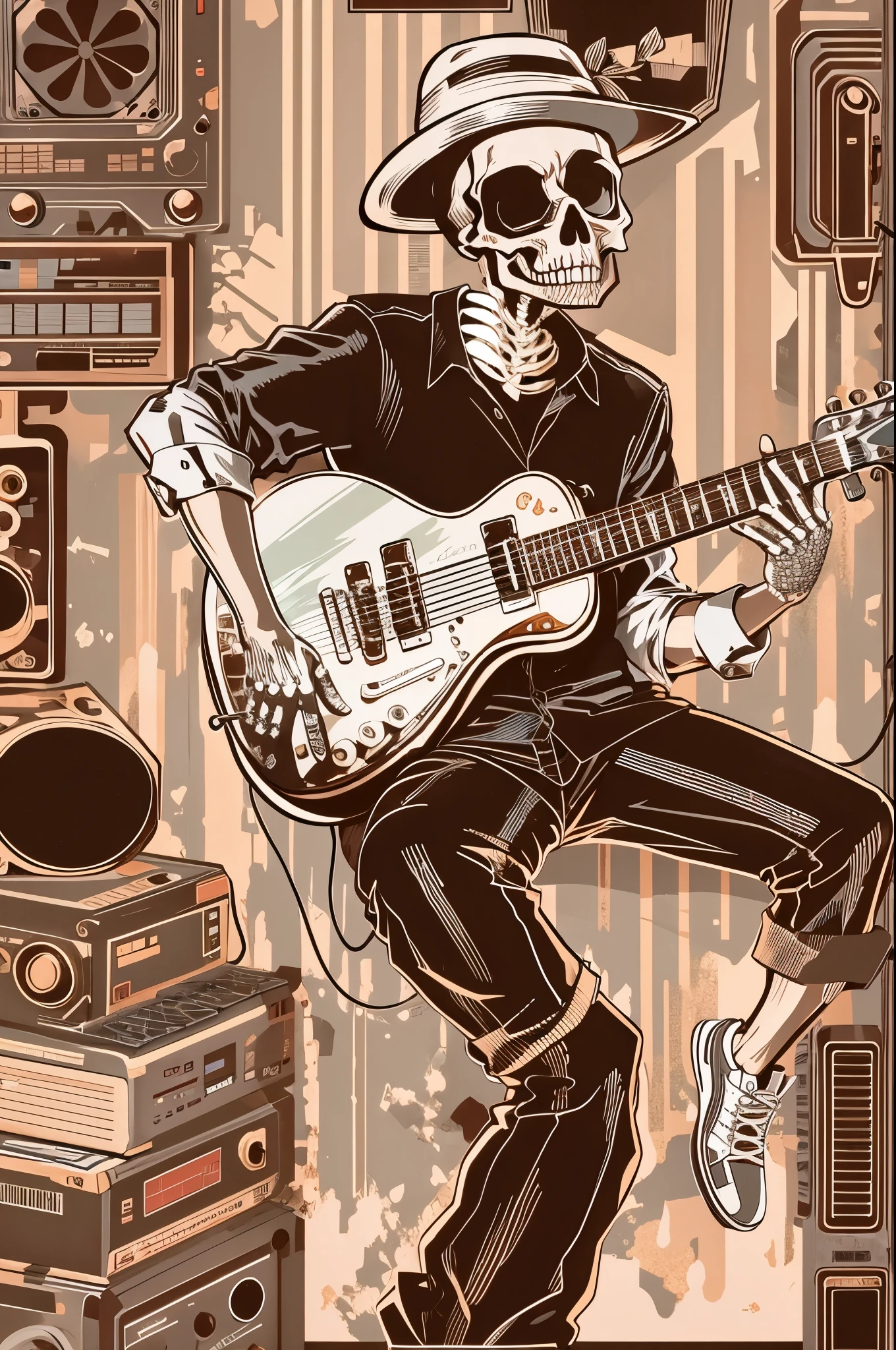 vector art,Vector illustration,vector style,vector illustration,Skeleton playing guitar,wearing shirt