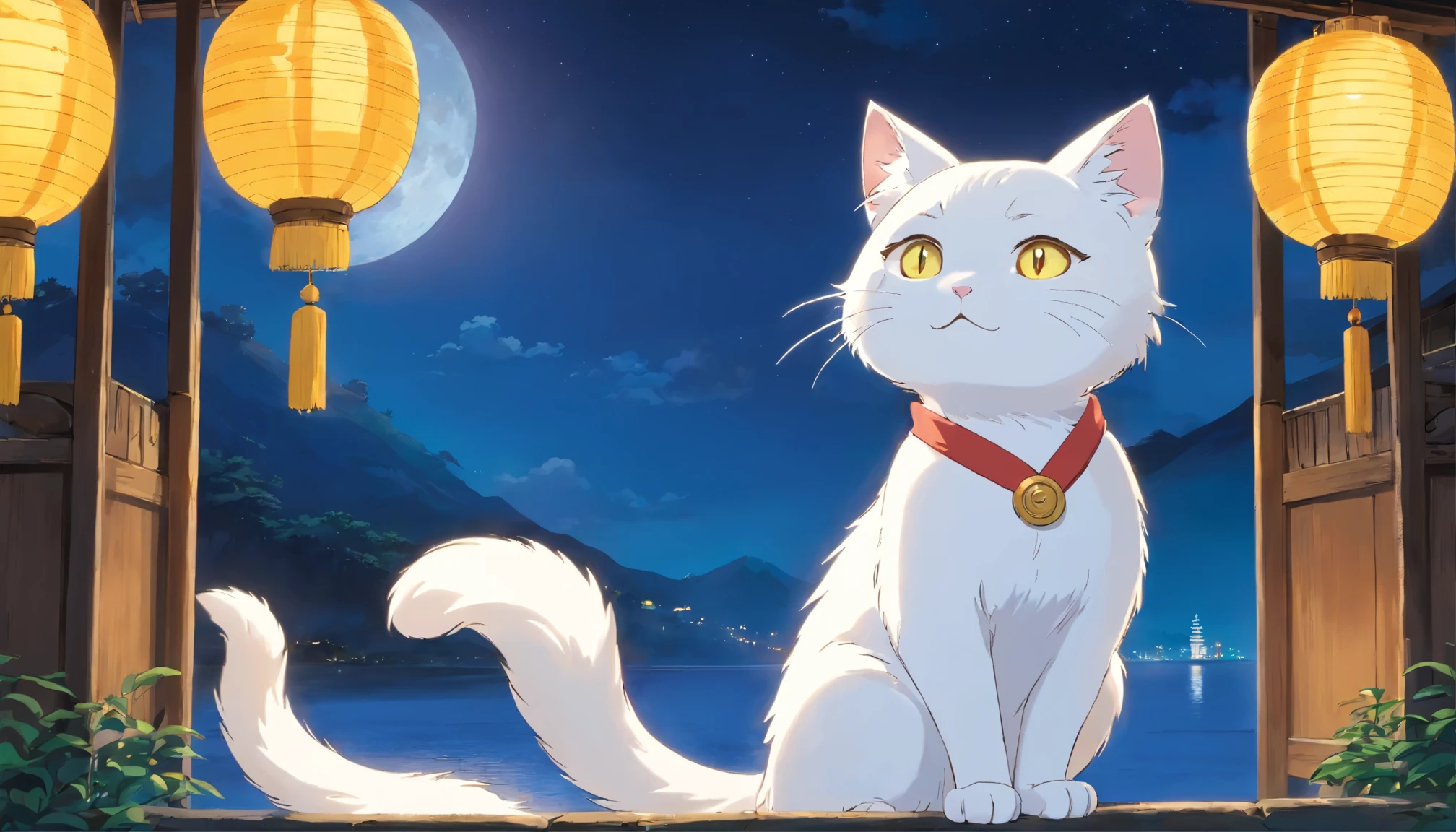 There is a white cat wearing a white kimono.、I opened my eyes wide and was very surprised.、male、(Single blue band)、yellow eyes、Full moon night in the background