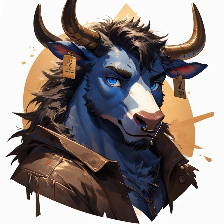 Headshot, handsome male, cow, two pointy horns, gold nose ring, cattle ear tag, heavy muscular build, very short messy fringe, ((best quality)), ((masterpiece)), (detailed), perfect face, mysterious, blue fur, blue eyes