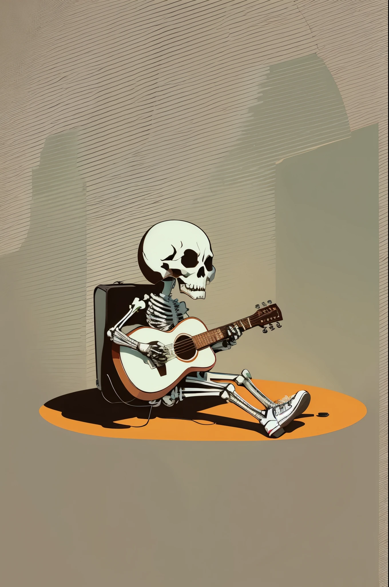 vector art，Vector illustration，vector style，vector illustration，Skeleton playing guitar，wearing shirt,Minimalism，negative space
