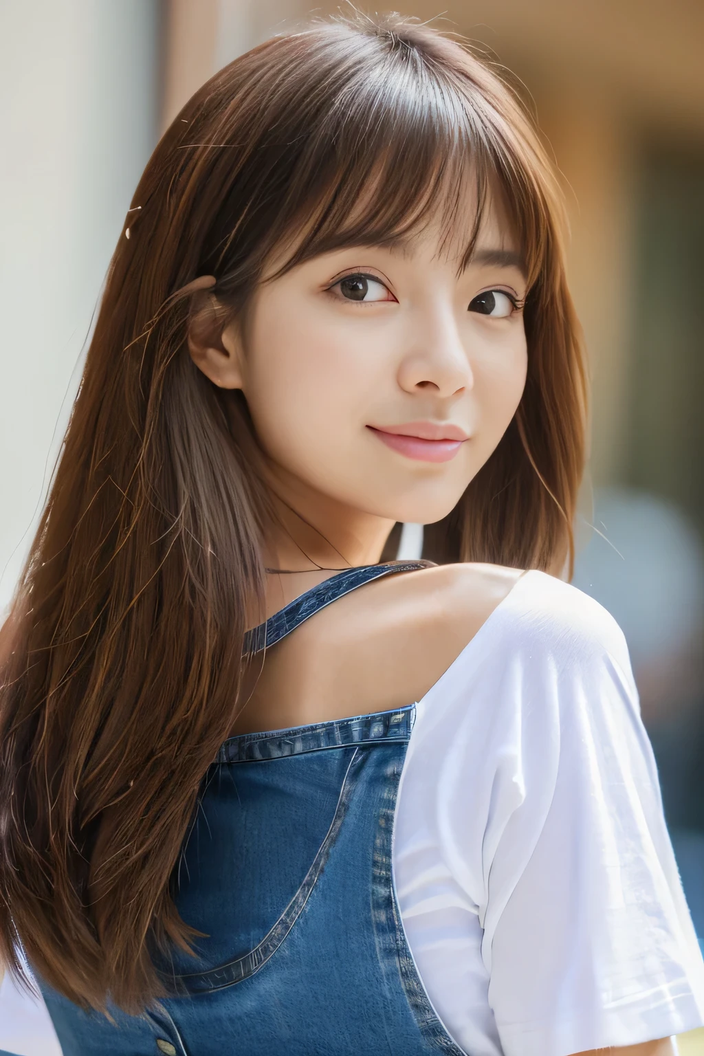 masterpiece, highest quality, Photoreal, Super detailed, finely, High resolution, 8k wallpaper, Professional, Advanced level of detail, ((One female college student:1.2)), slender Japanese woman,, detailed clavicle, Medium chest、perfect face, (Front facing:1.2)、medium long hair, chestnut hair、(T-shirt that emphasizes your chest:1.5)、(Slim fit denim:1.2)、cute face、(looking straight ahead:1.5)、(brown skin:1.5)、full body shot