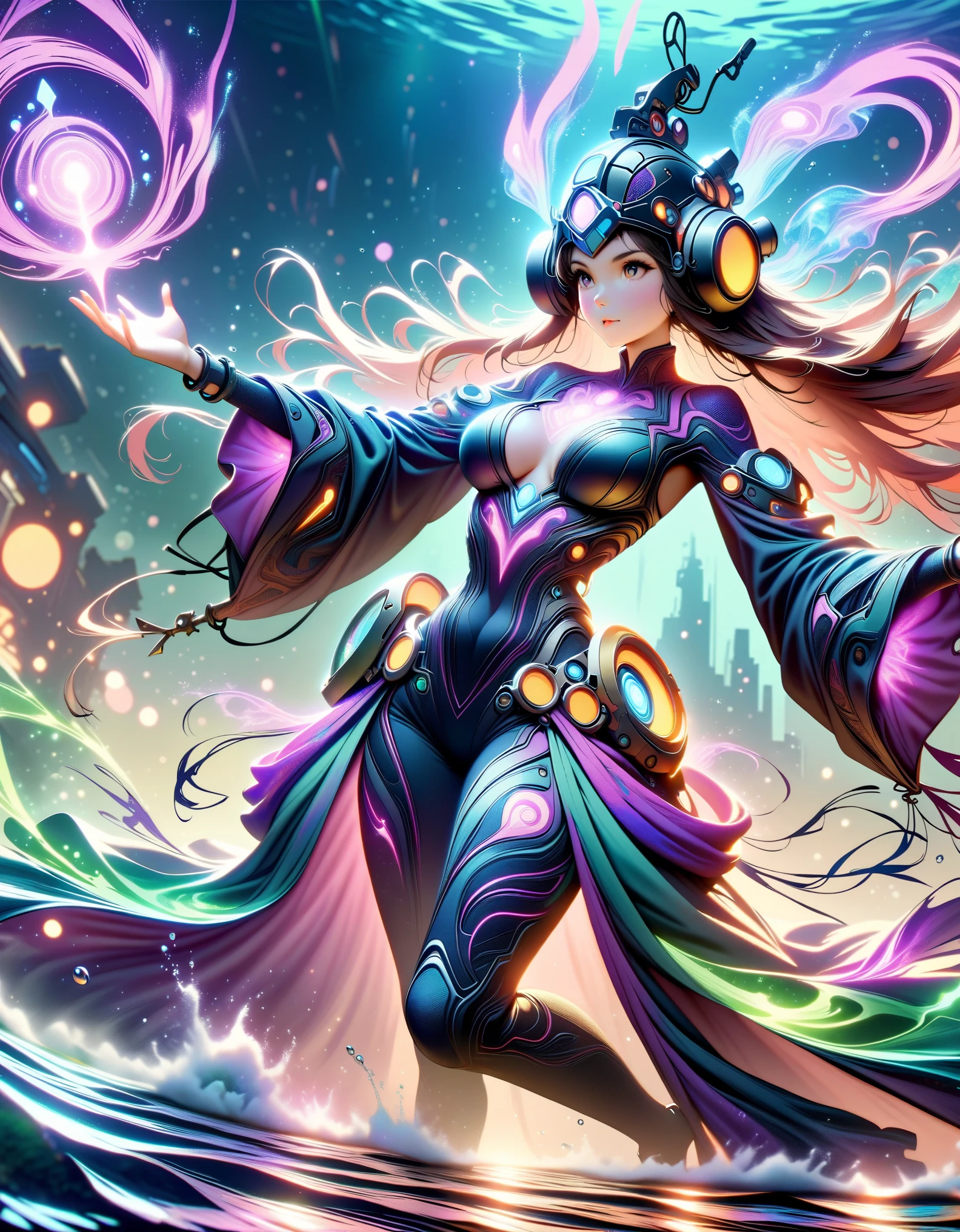 (best quality, masterpiece, absurdres, highres, ultra_detailed, dynamic angle:1.2), photography of 1girl, mage, aquamancer, (colorful:1.3) ornate diving bodysuit, lama scuba helmet, glowing cybernetics, long robe woven with celestial patterns, (spellcasting, arcane knowledge, empowering allies, elemental water magic:1.5), ethereal glowing runes, (underwater:1.2), sea plants, bioluminescence, futuristic, sci-fi, (intricate details, hyperdetailed:1.15), (ultrahigh resolution textures), bokeh, (volumetric, cinematic, dim blue) lighting, caustics, depth of field
