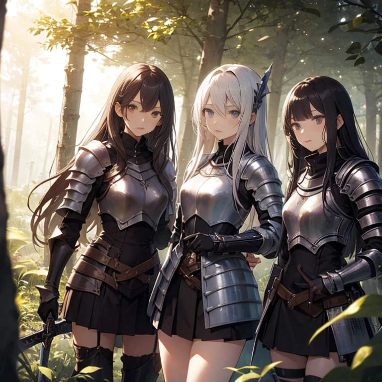 A group of  female knight, (in forest), various hair styles, harem, wearing armored clothes, metal armor, night, details face, , short skirt, seducing, sword 