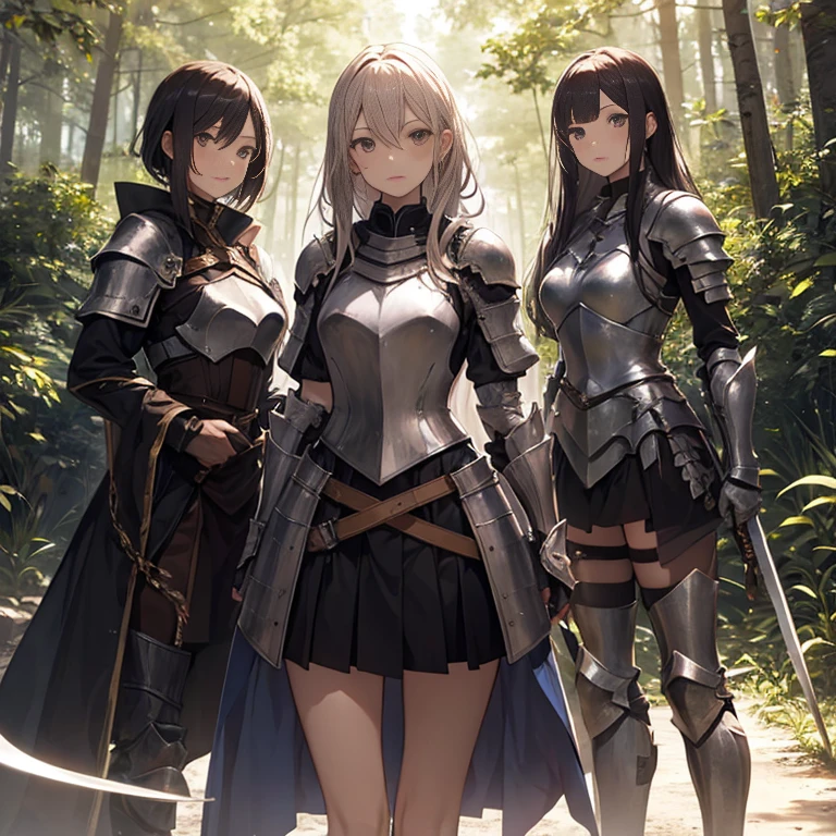 A group of female knight, (in forest), various hair styles, harem, wearing armored clothes, metal armor, night, details face, , short skirt, seducing, sword