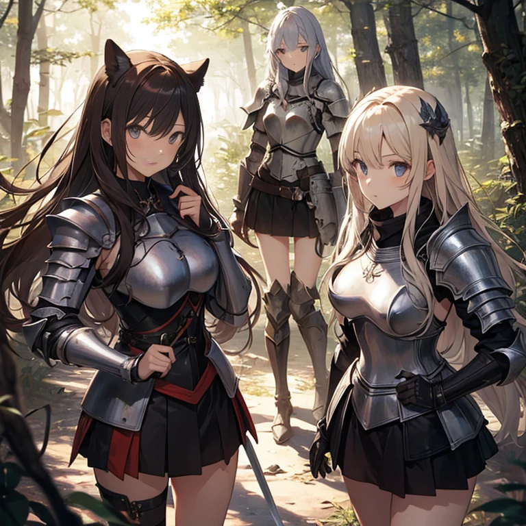 A group of  female knight, (in forest), various hair styles, harem, wearing armored clothes, metal armor, night, details face, , short skirt, seducing, sword 