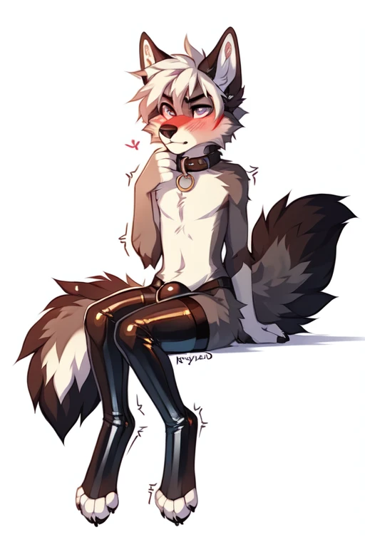 No background, white background, ((by keihound, by reysi)), by Zackary911, by hyattlen, by fumiko, by fluff-kevlar, Furry, Anthro, ((wolf)), ((loose collar)), (()), ((twink)), ((small)), ((bored eyes)), ((annoyed expression)), ((blushing)), ((shaking motion line)), ((full body)), short white hair, ((fluffy tail)), ((shirtless，metallic luster bulge, metallic luster stockings)), 