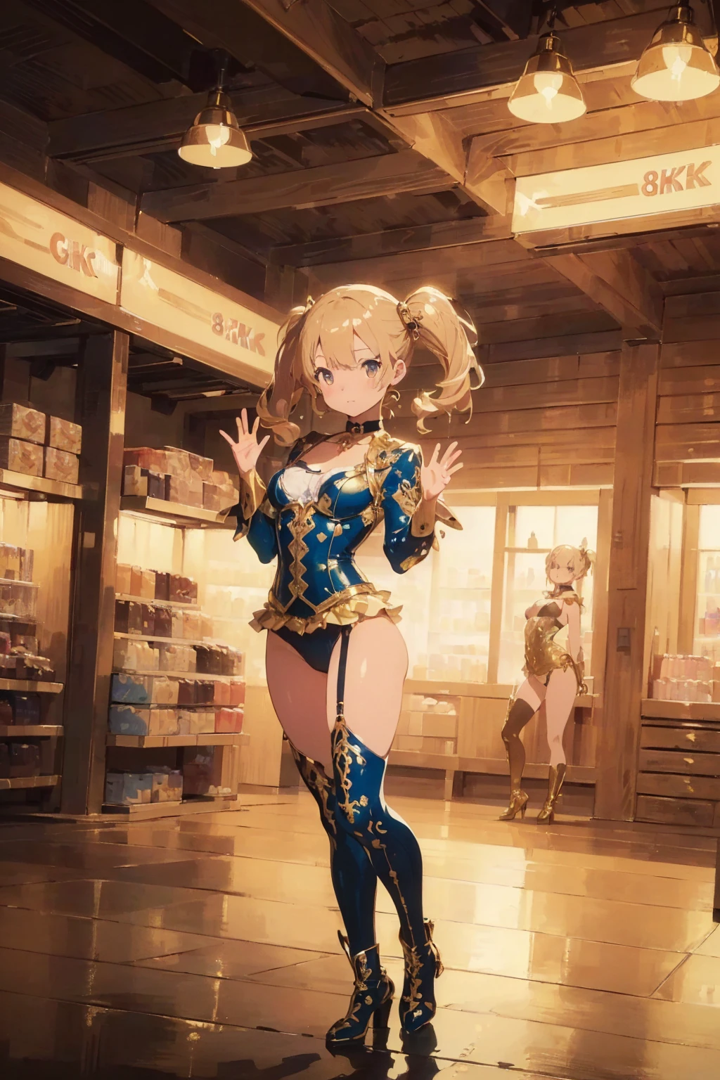 (masterpiece:1.8),(highest quality:1.8),(Super detailed:1.8),(8K:1.8),(Ultra-fine illustration:1.5),cute single mature woman,skinny,small ass,straight twin tails,flat chest,small breasts,(Shiny Metallic Gold,good,panties),,Gold Corset,choker,Gold Long Gloves,gold boots,(energetic pose:1.5),stand,(Trying on clothes at a underwear store),full body angle,