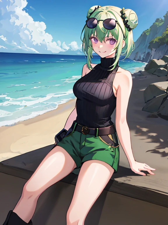 (highres), (best quality),1 girl, alone, medium hair, pastel green hair, twin buns, villain smile, violet eyes, round black sunglasses on head, beach, black sleeveless turtleneck top, green shorts, dark brown boots