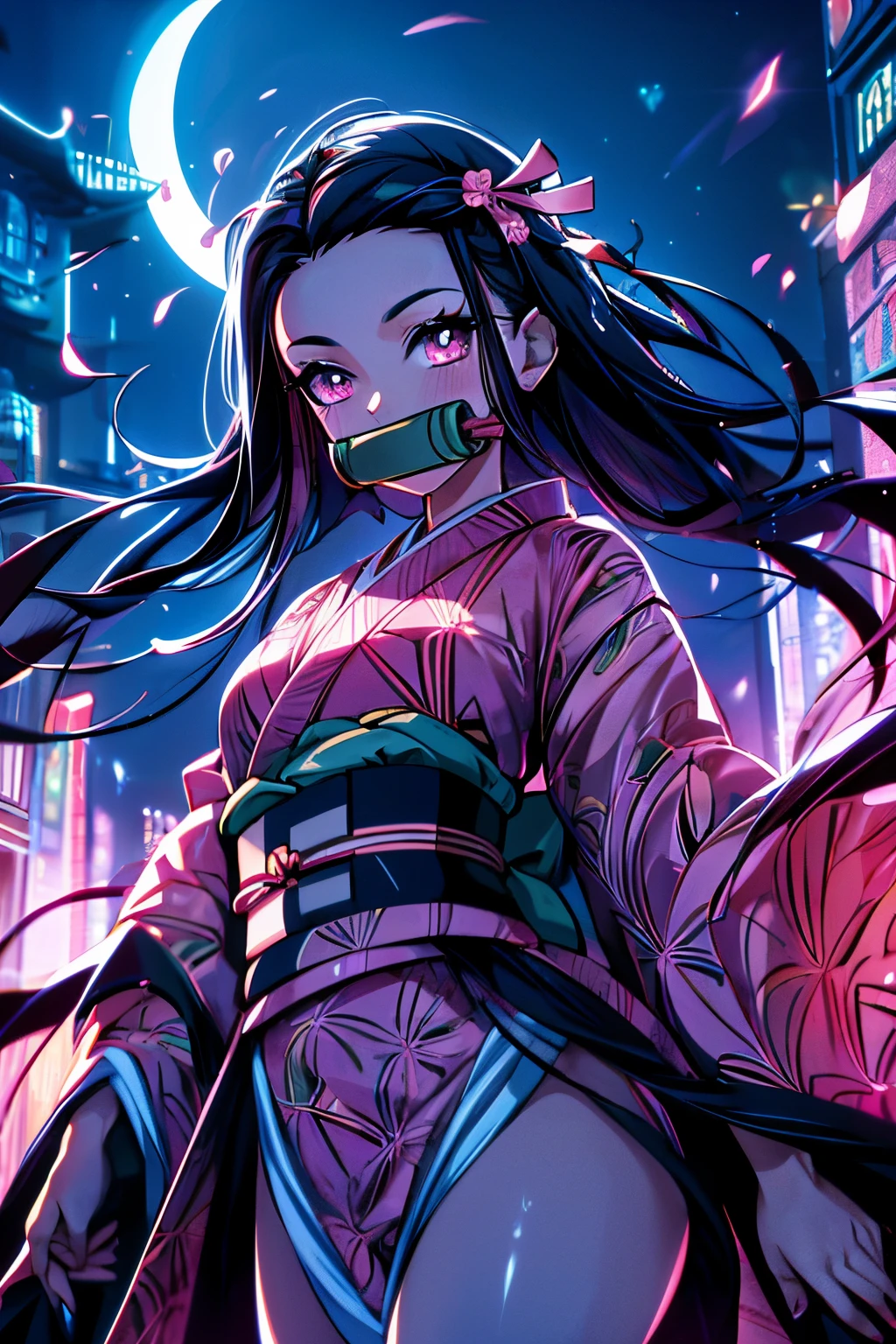 masterpiece, (pink kimono), seductive face, good lighting, low-cut, fine details, masterpiece, 1girl, black hair, gag, Nezuko Kamado, old twon,night time,moon,masterpiece, best quality, POV, whole body, wide hips,