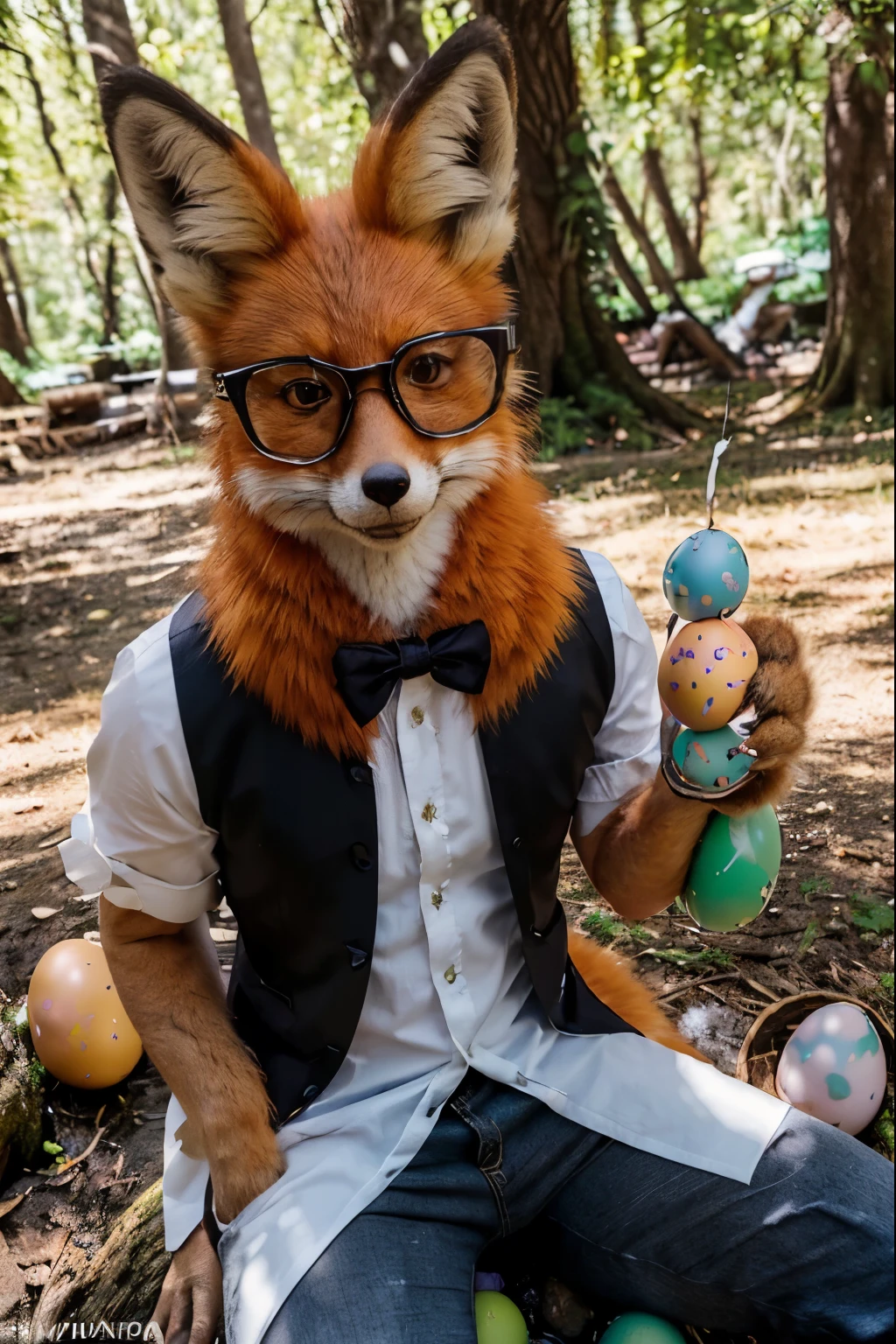 ((An anthropomorphic fox with realistic fur)), ((male)), Fox face, arms covered with realistic fur, wearing glasses, dressed in white shirt and black pants, with a sunny day, woods background, ((easter eggs everywhere)), sitting on a tree stump.
(Mejor calidad, realista, ultra detallado), zorro, happy expression, anthropomorphic fox.