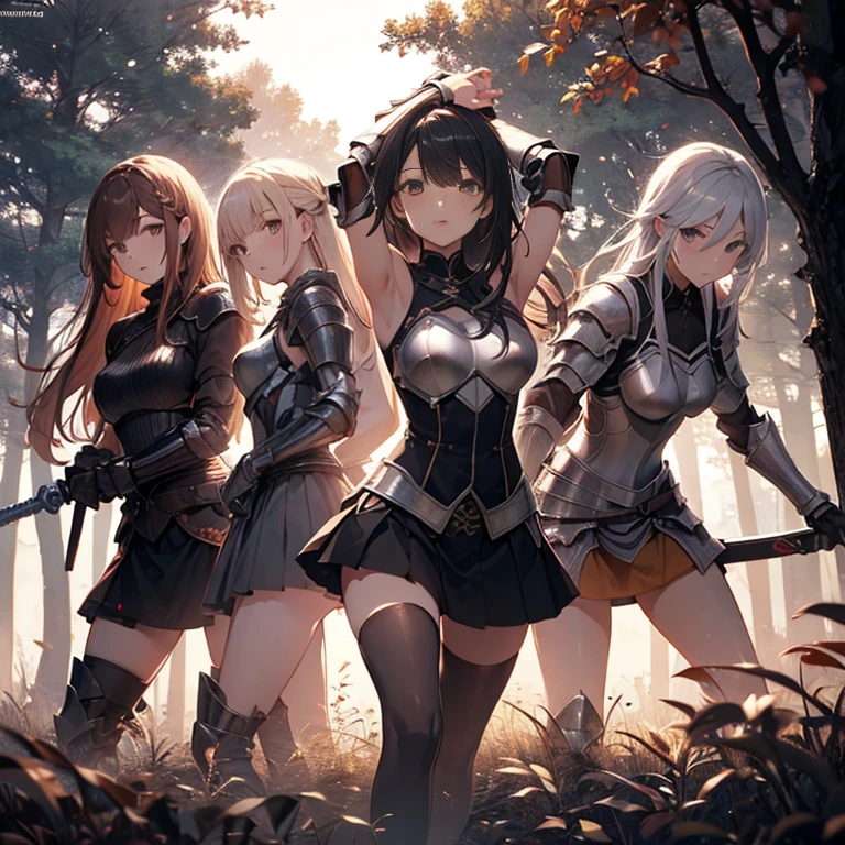 A group of  female knight, (in forest), various hair styles, harem, wearing armored clothes, metal armor, night, details face, , short skirt, seducing, sword, showing off armpits 
