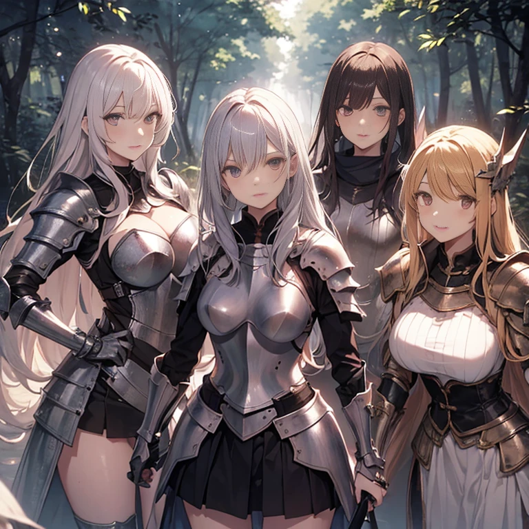 A group of  female knight, (in forest), various hair styles, harem, wearing armored clothes, metal armor, night, details face, , short skirt, seducing, sword, showing off armpits 