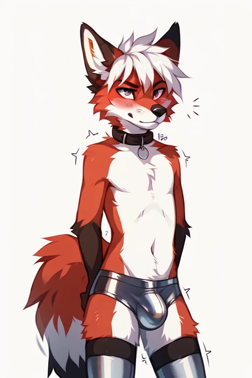 full body,No background, white background, ((by keihound, by reysi)), by Zackary911, by hyattlen, by fumiko, by fluff-kevlar, Furry, Anthro, ((fox)), ((loose collar)), (()), ((twink)), ((small)), ((bored eyes)), ((annoyed expression)), ((blushing)), ((shaking motion line)), ((full body)), short white hair, ((fluffy tail)), ((shirtless,metallic luster bulge, metallic luster stockings)),